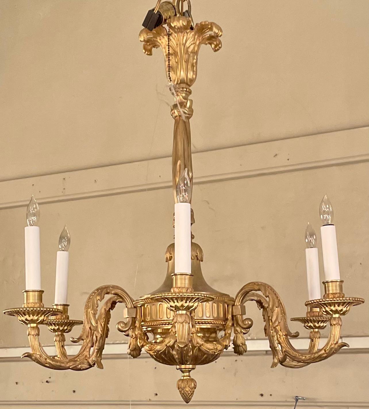 Antique French Louis XVI Style Bronze D' Ore 6 Light Chandelier, Circa 1890's. In Good Condition For Sale In New Orleans, LA