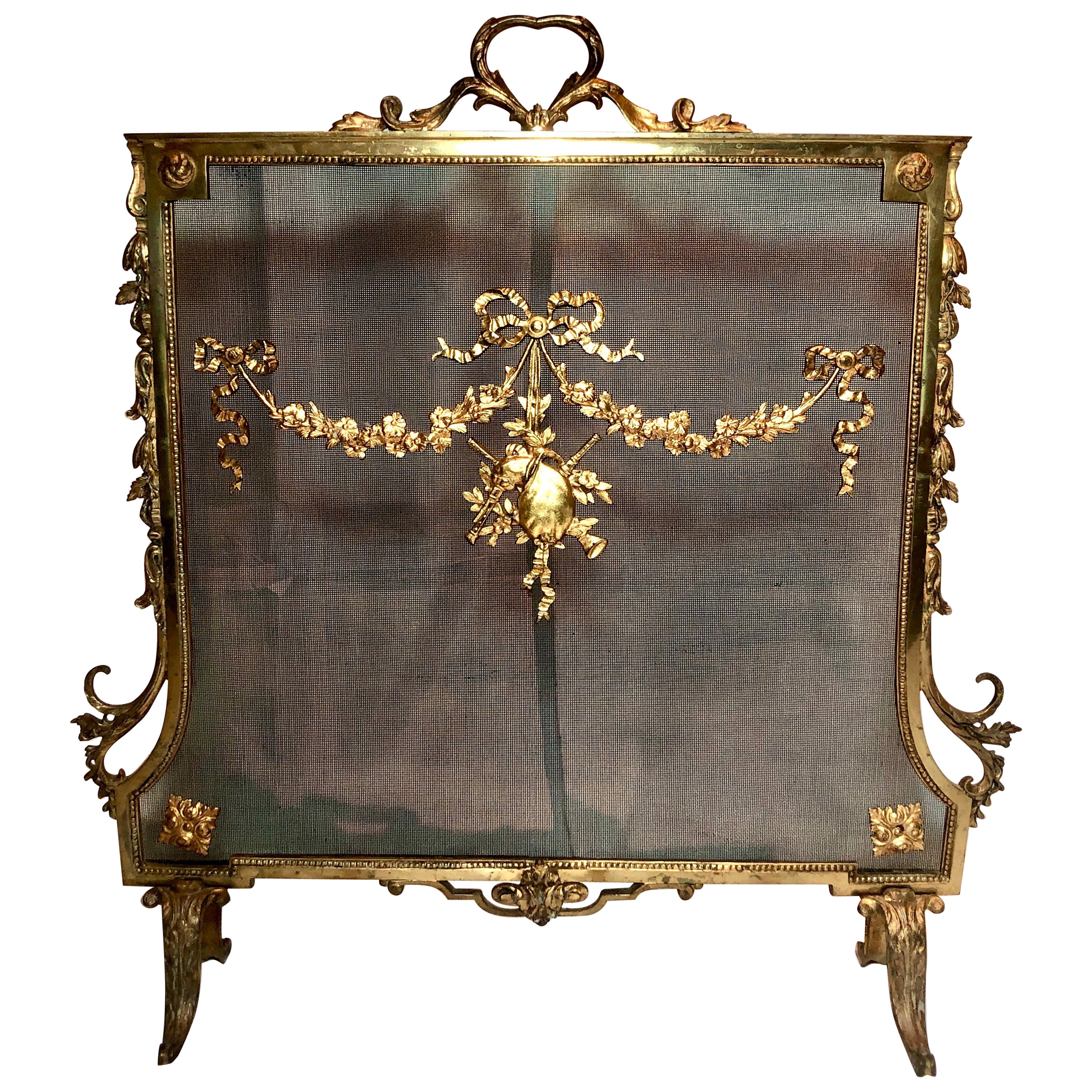 Antique French Louis XVI Style Bronze D' Ore Firescreen, circa 1880