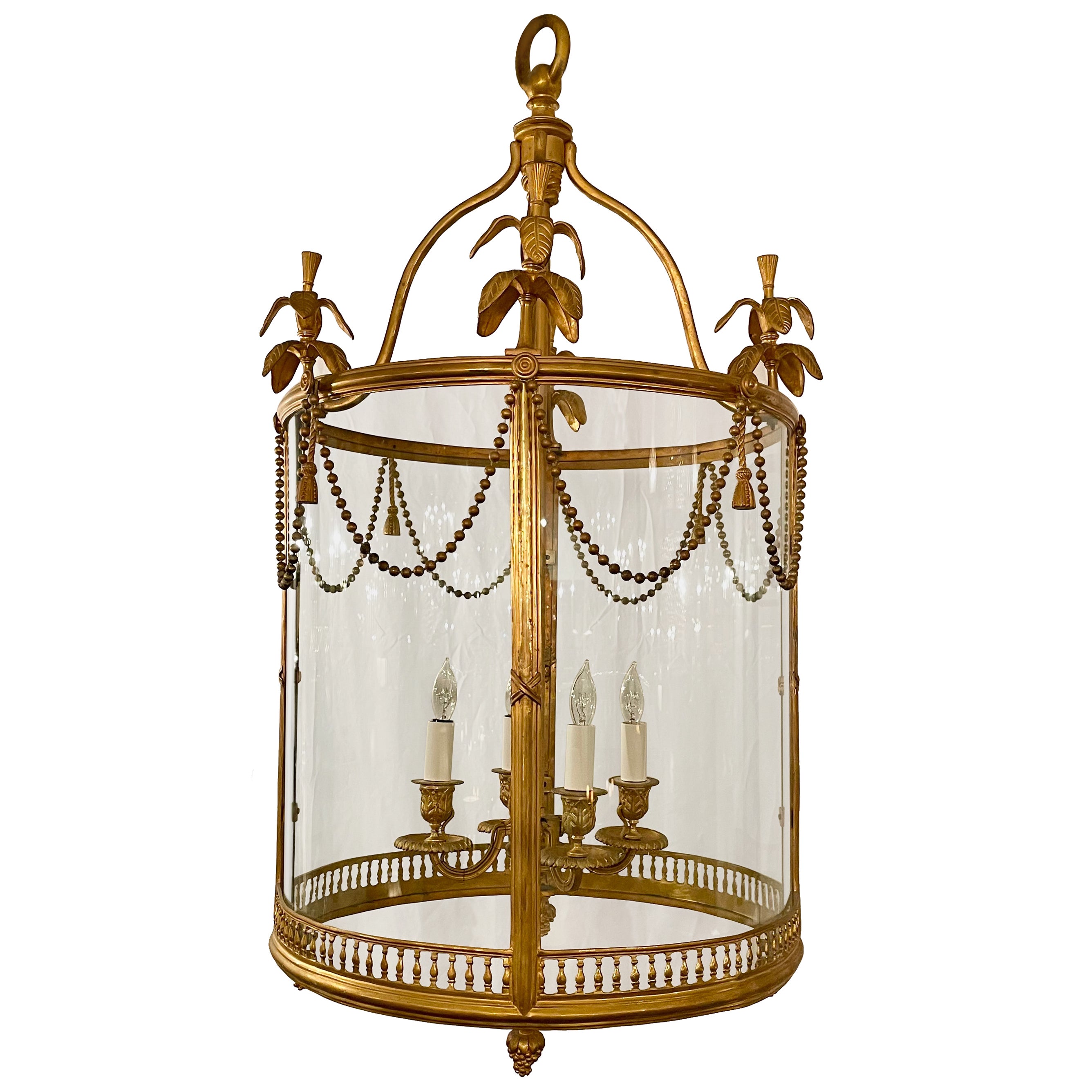 Antique French Louis XVI Style Bronze D'Oré & Curved Glass Lantern, Circa 1890.