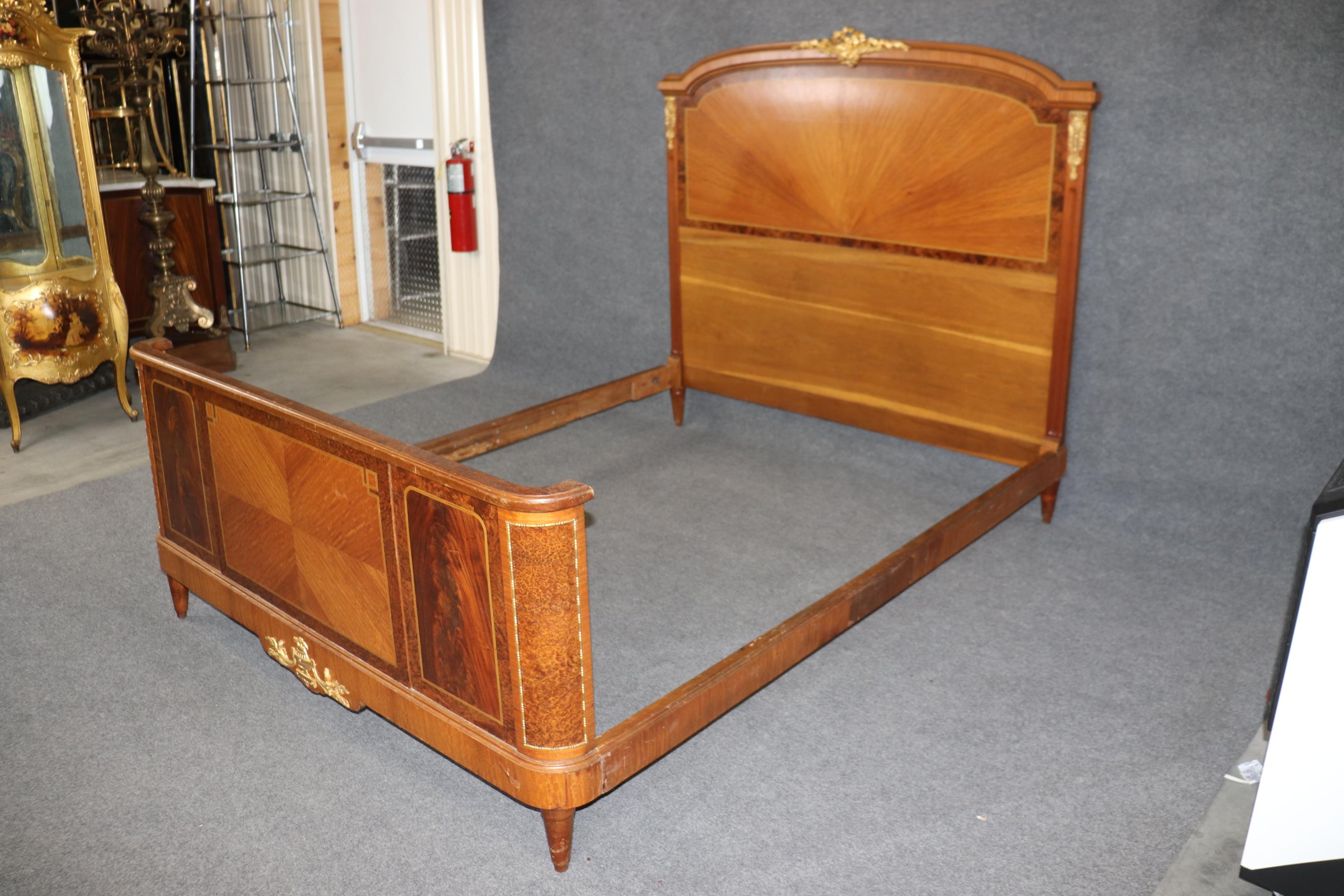 Cast Antique French Louis XVI Style Bronze Mounted Parquetry Bed By Mercier Freres For Sale