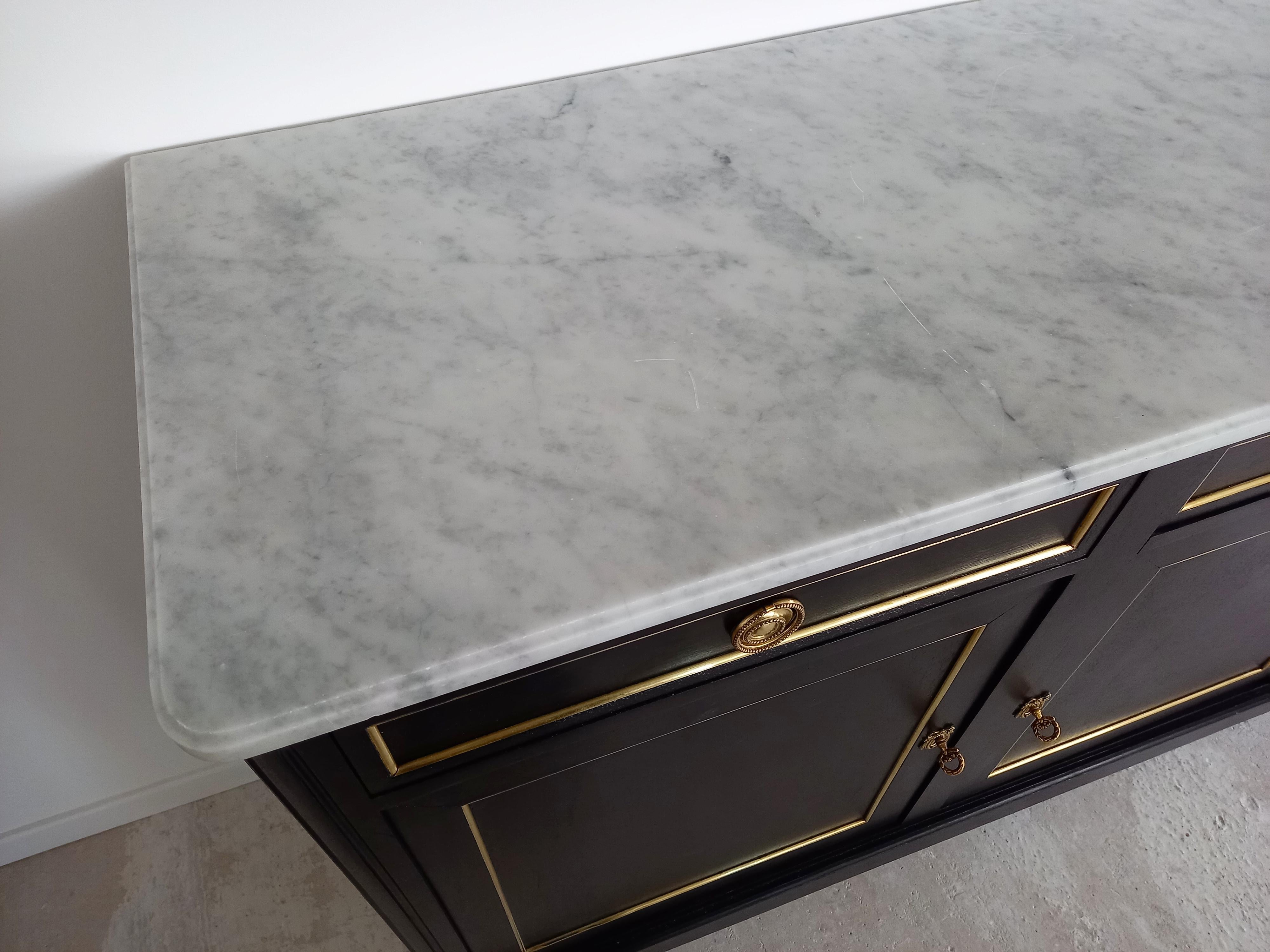 Antique French Louis XVI Mahogany Style Buffet, Marble, Bronze & Brass Details 8