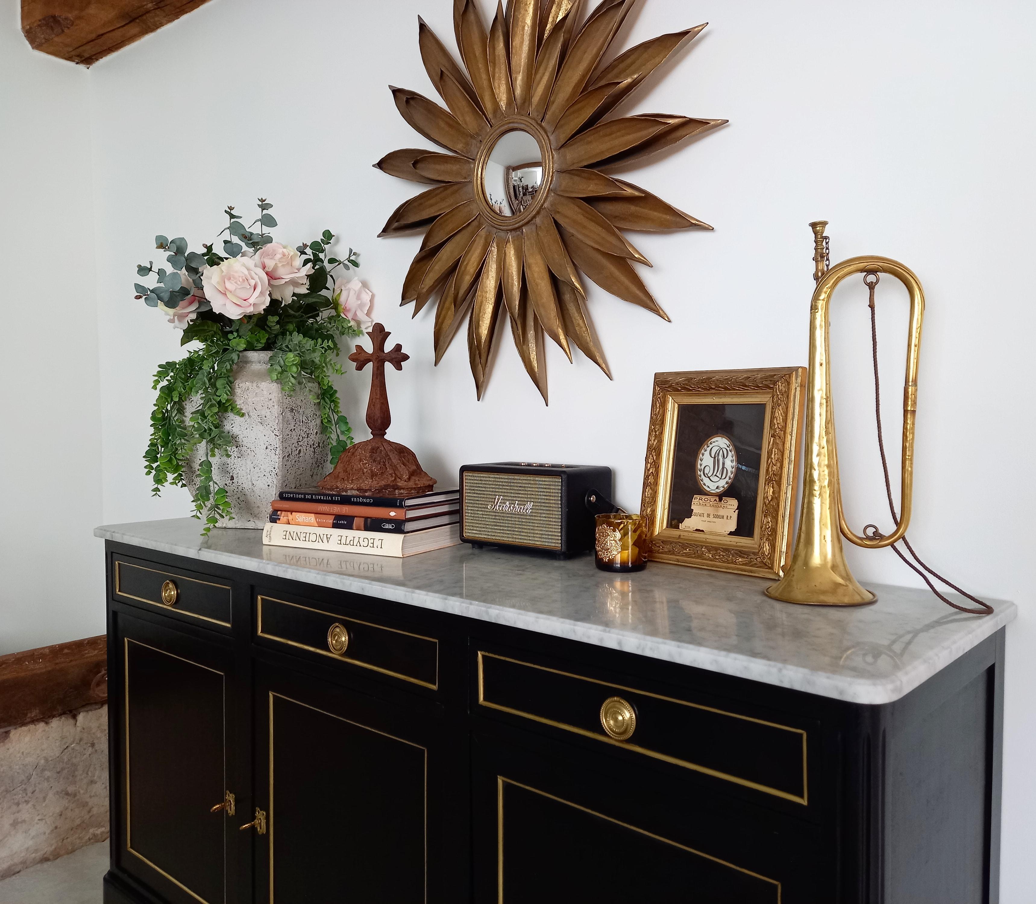 Antique French Louis XVI Mahogany Style Buffet, Marble, Bronze & Brass Details 10