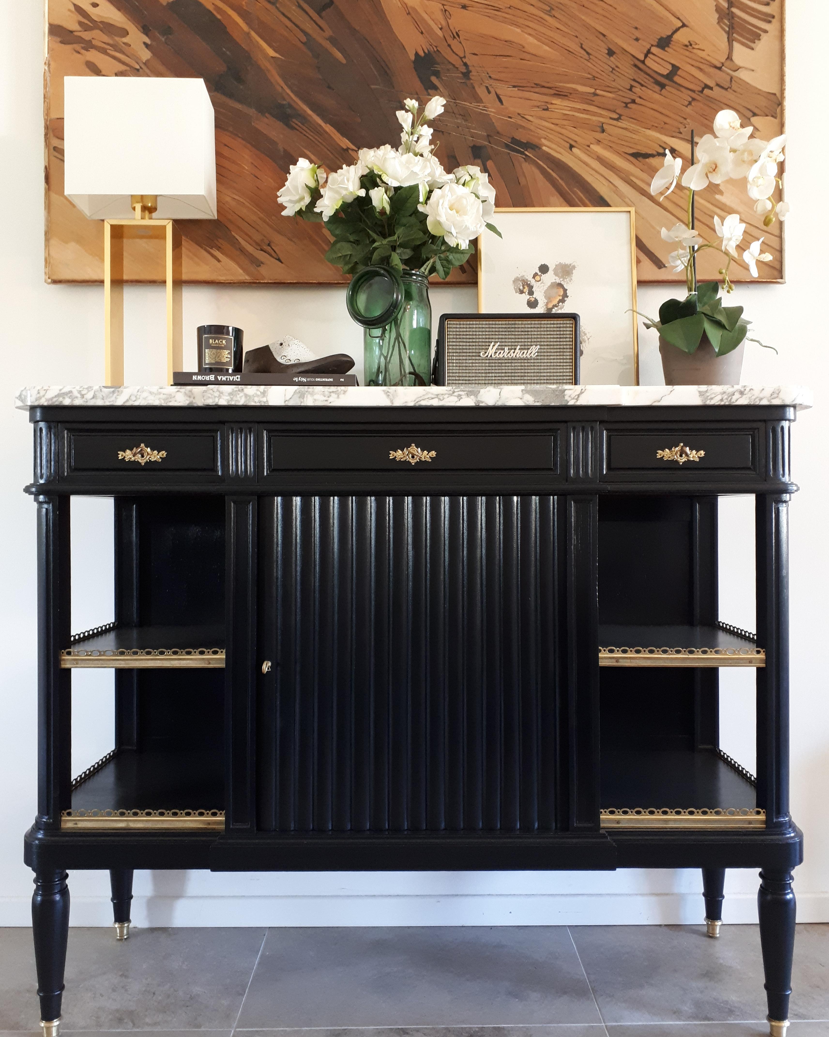 Antique French, Louis XVI style buffet with a marble top.
Three dovetail drawers, the locks are decorated with style elements in bronze, and all the keys are provided.
A central door with two adjustable tablets (even if only one is installed for