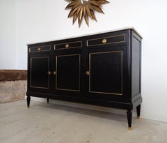 Antique French Louis XVI Mahogany Style Buffet, Marble, Bronze & Brass Details