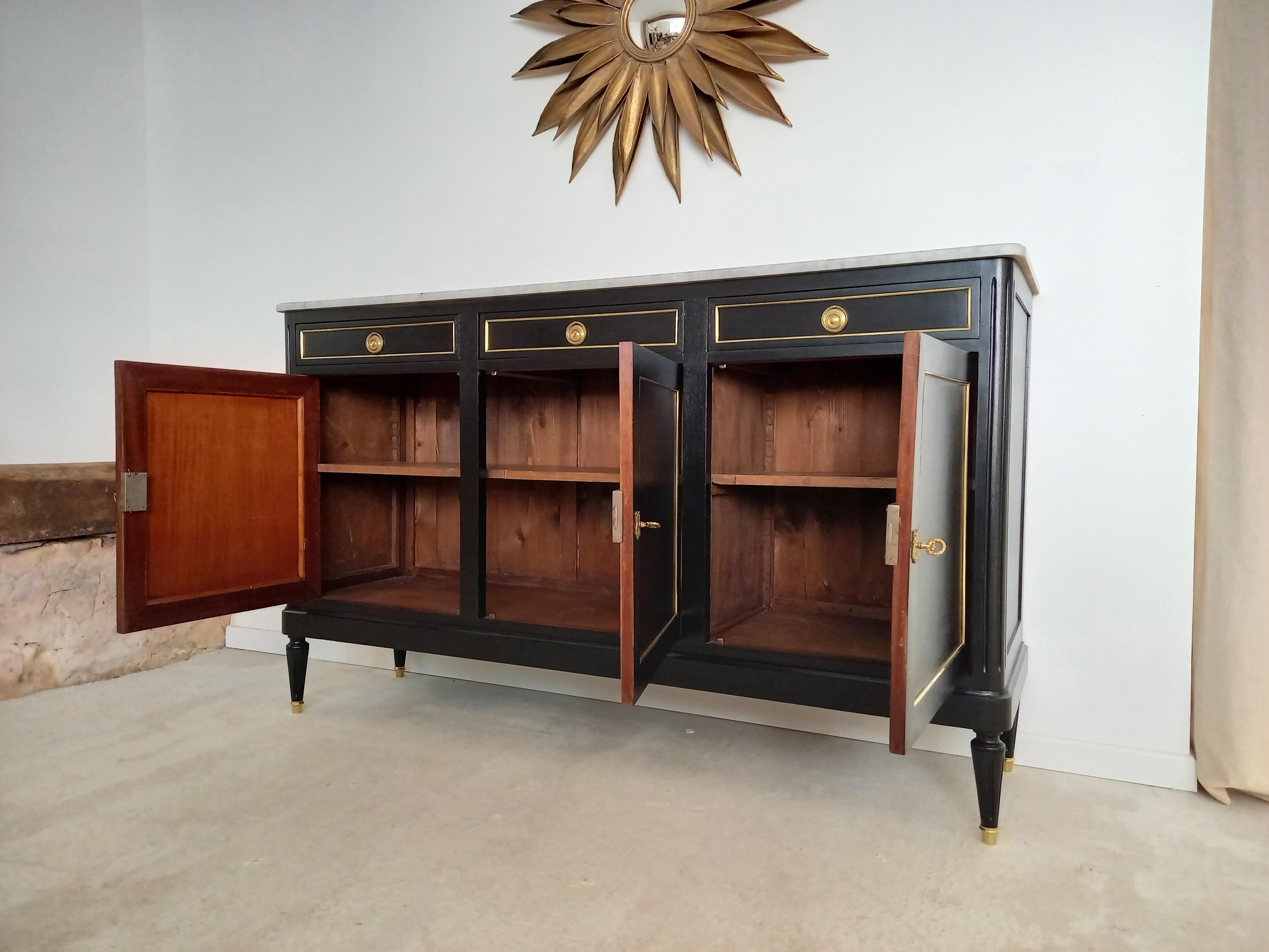 Early 20th Century Antique French Louis XVI Mahogany Style Buffet, Marble, Bronze & Brass Details