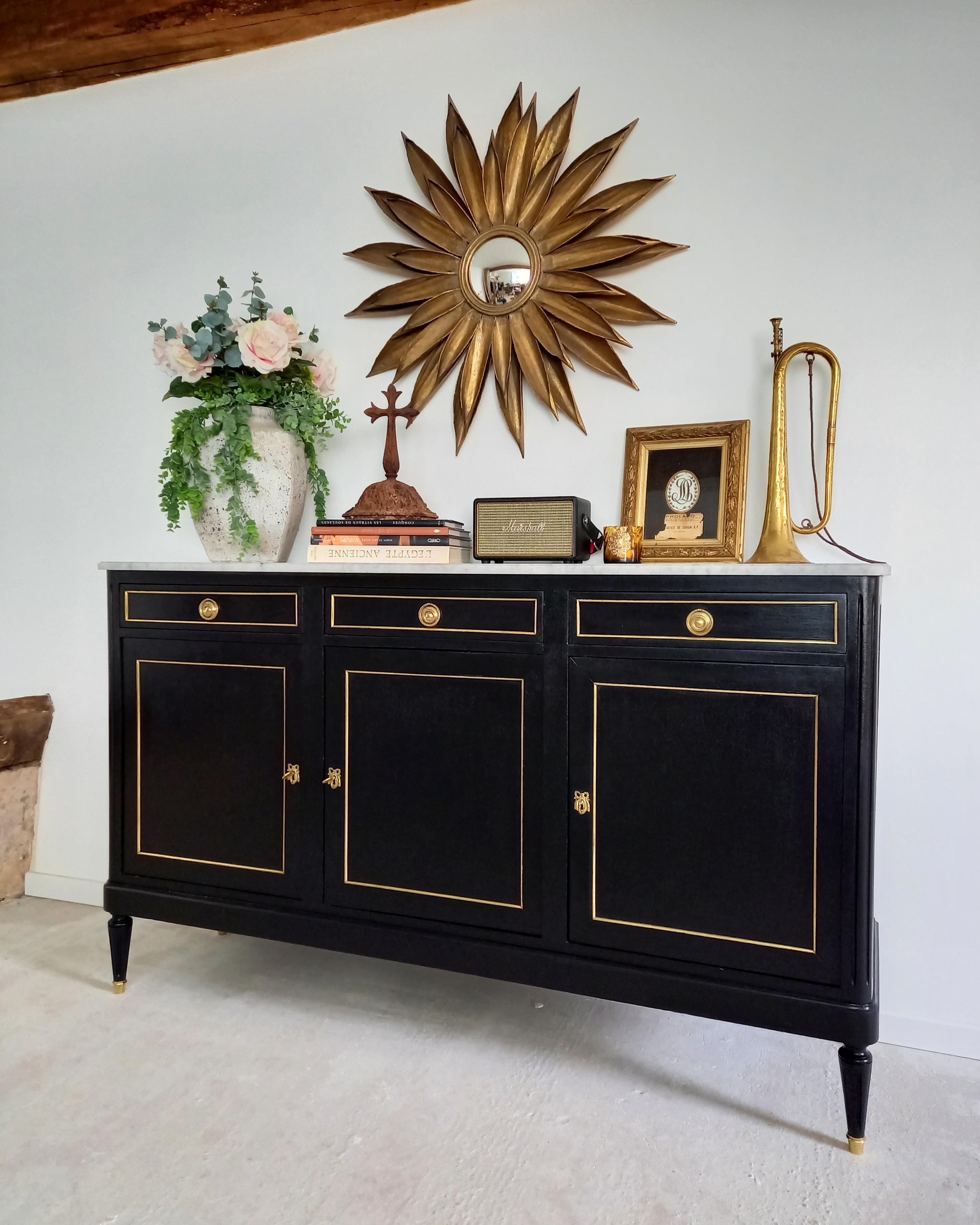 Carrara Marble Antique French Louis XVI Mahogany Style Buffet, Marble, Bronze & Brass Details