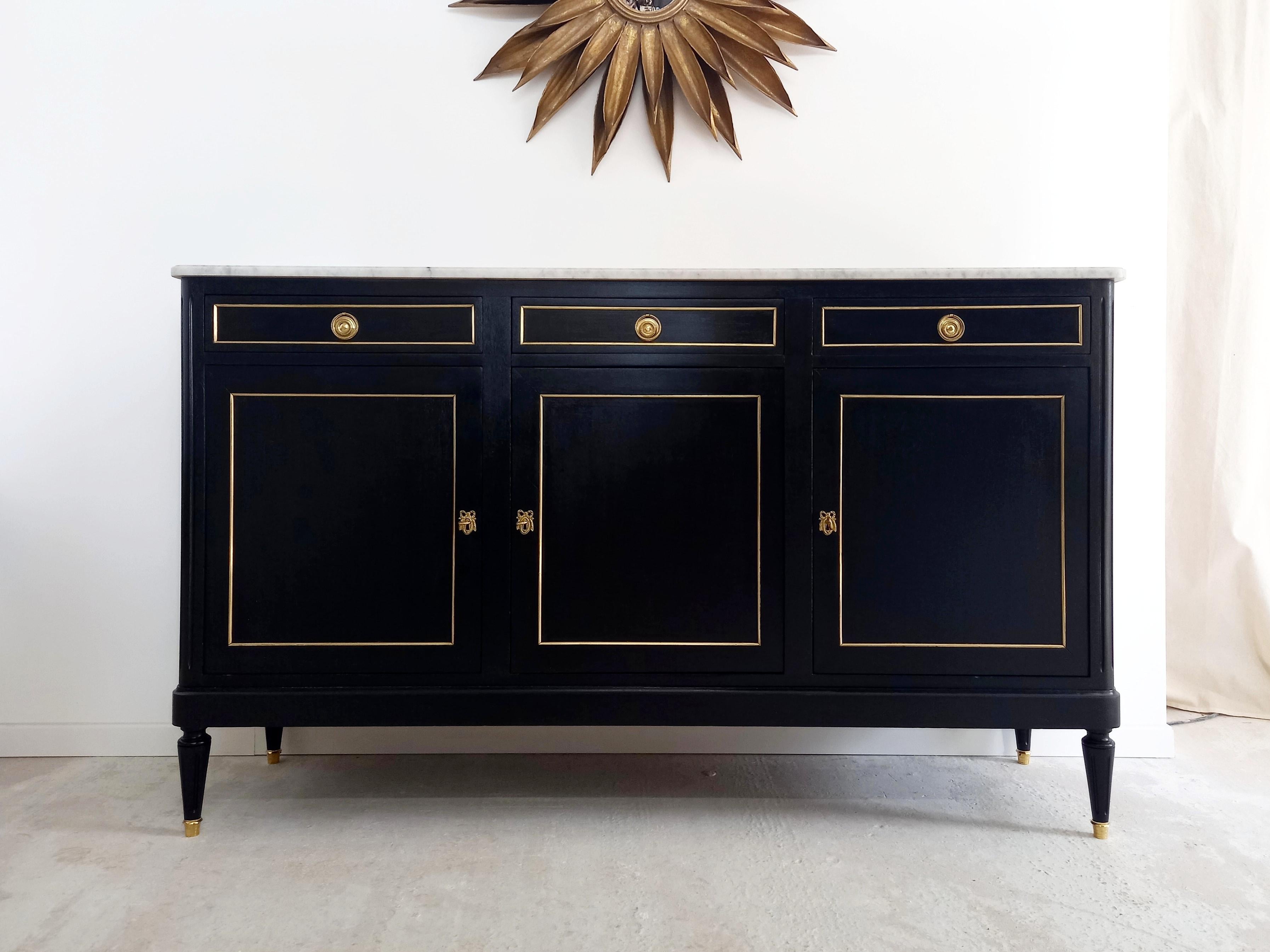 Antique French Louis XVI Mahogany Style Buffet, Marble, Bronze & Brass Details 1