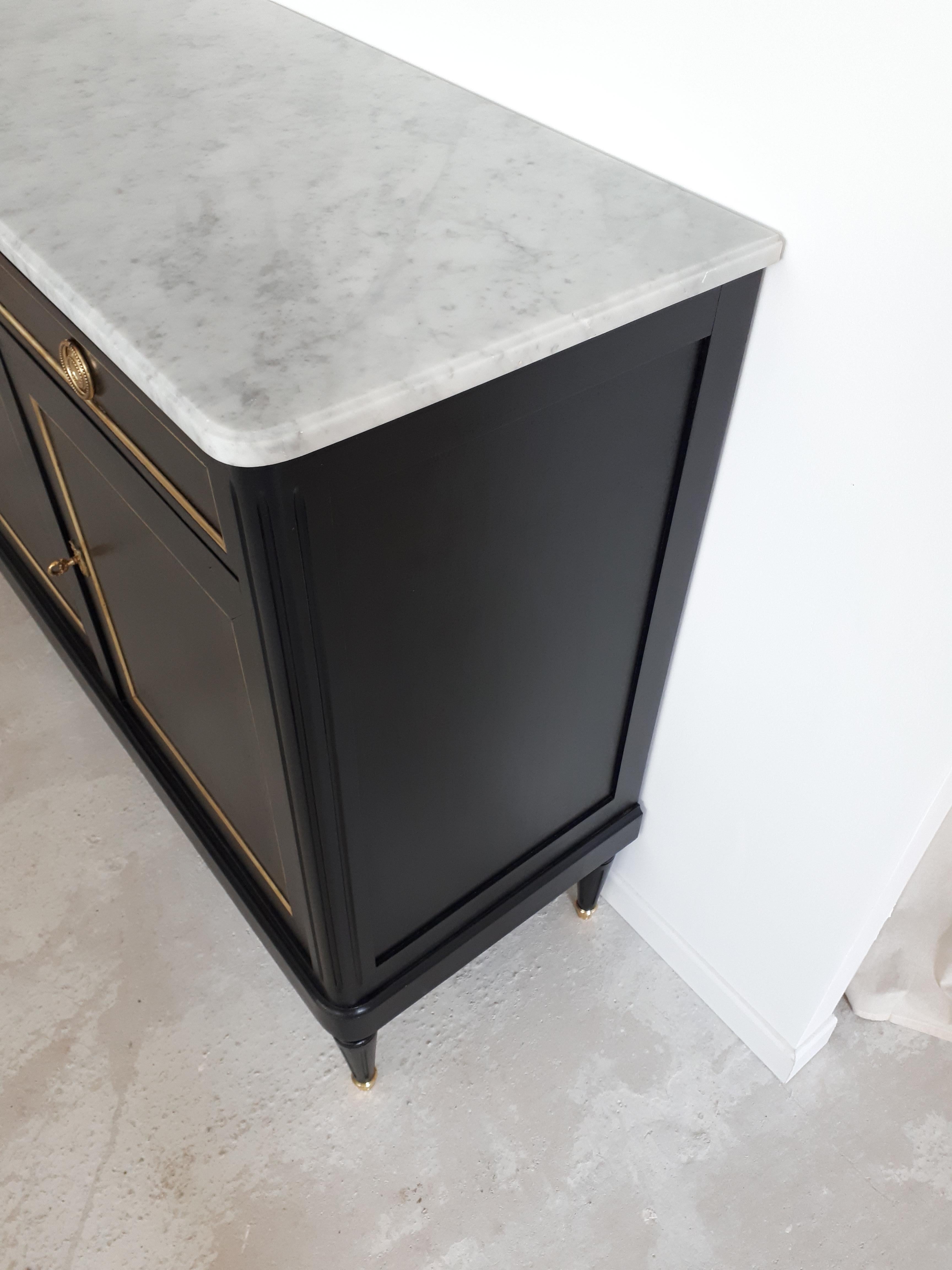 Antique French Louis XVI Mahogany Style Buffet, Marble, Bronze & Brass Details 2