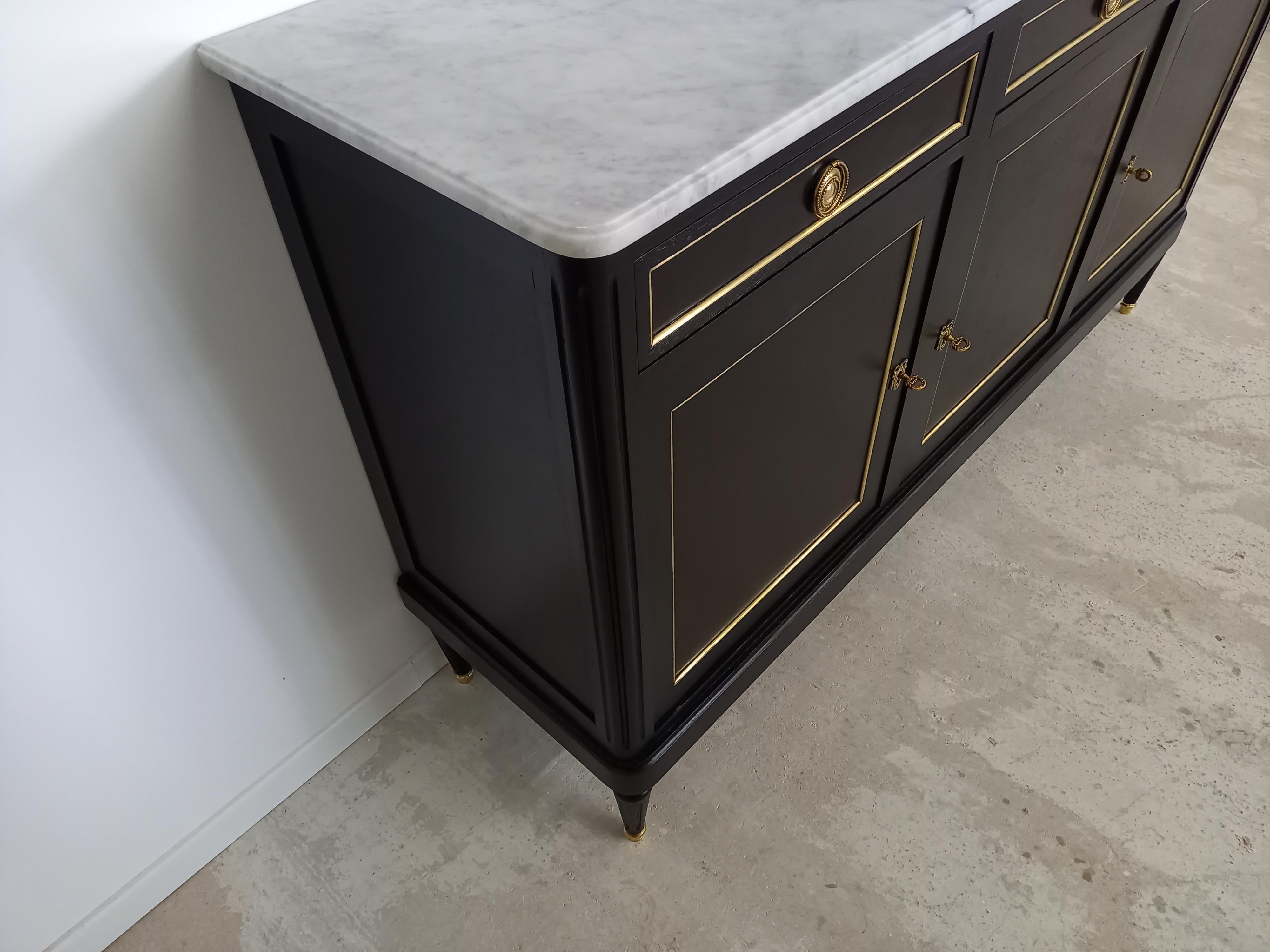 Antique French Louis XVI Mahogany Style Buffet, Marble, Bronze & Brass Details 3