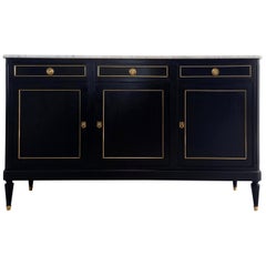 Antique French Louis XVI Mahogany Style Buffet, Marble, Bronze & Brass Details