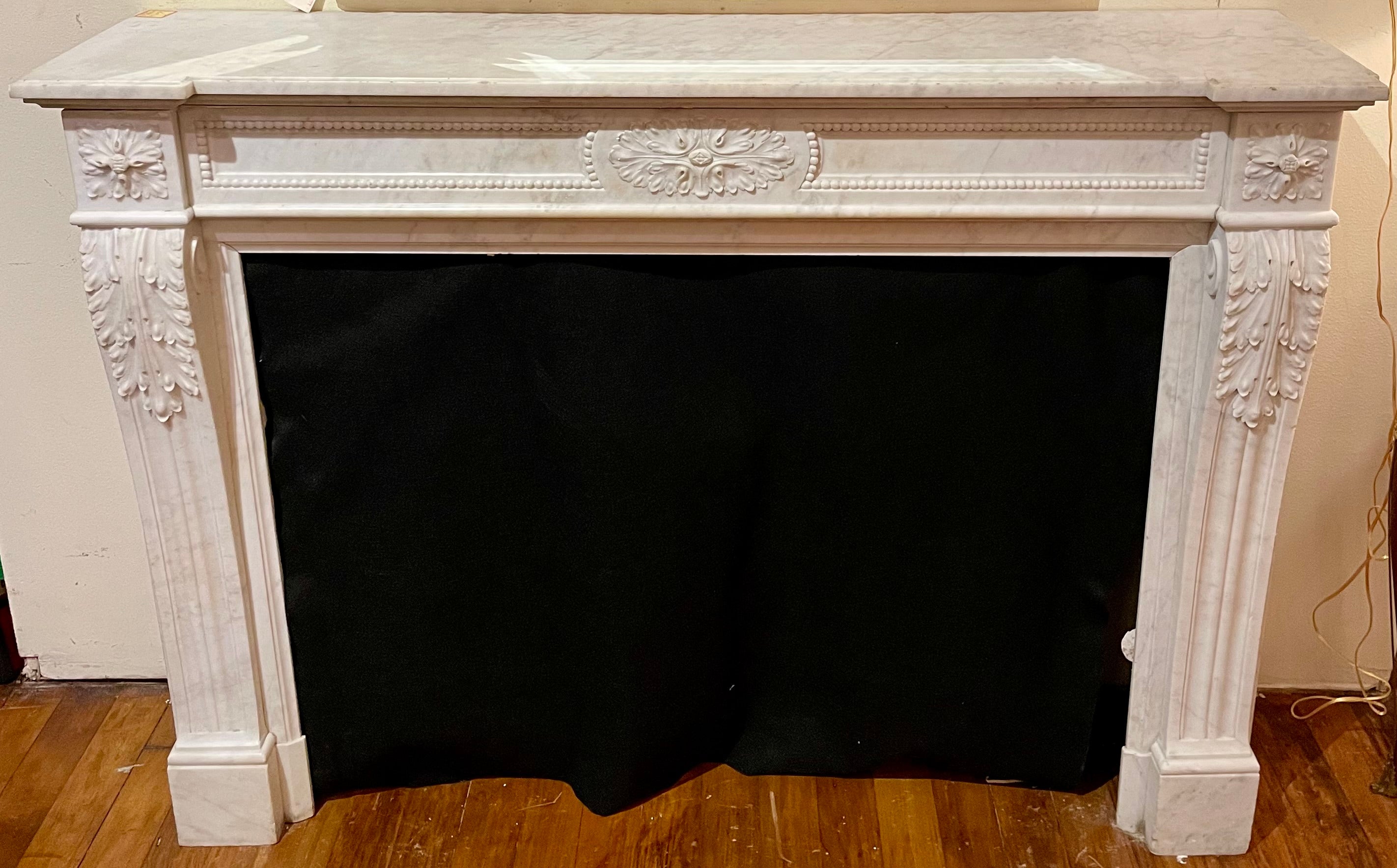 19th Century Antique French Louis XVI Style Carrara Marble Mantel, Circa 1860. For Sale
