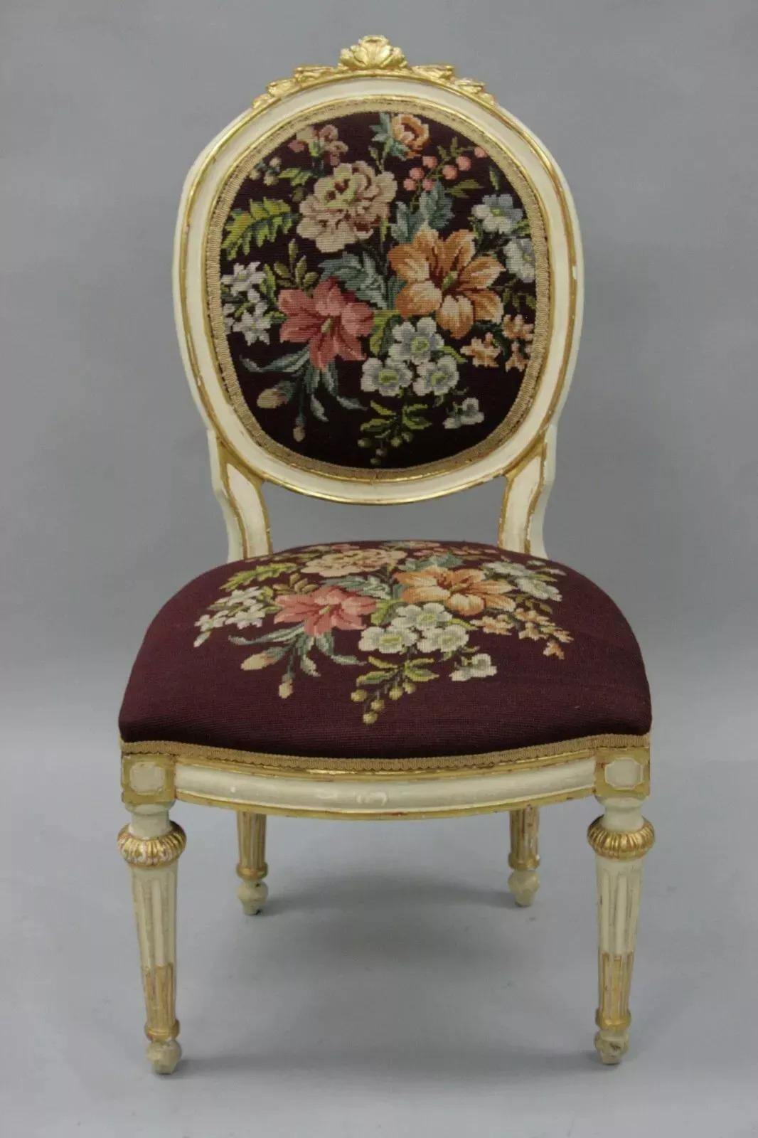 Antique French Louis XVI Style Carved Floral Needlepoint Accent Chair White Gold For Sale 4