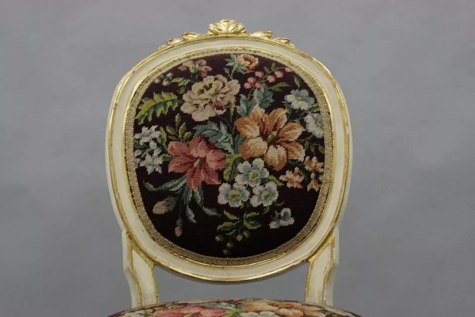 Unknown Antique French Louis XVI Style Carved Floral Needlepoint Accent Chair White Gold For Sale
