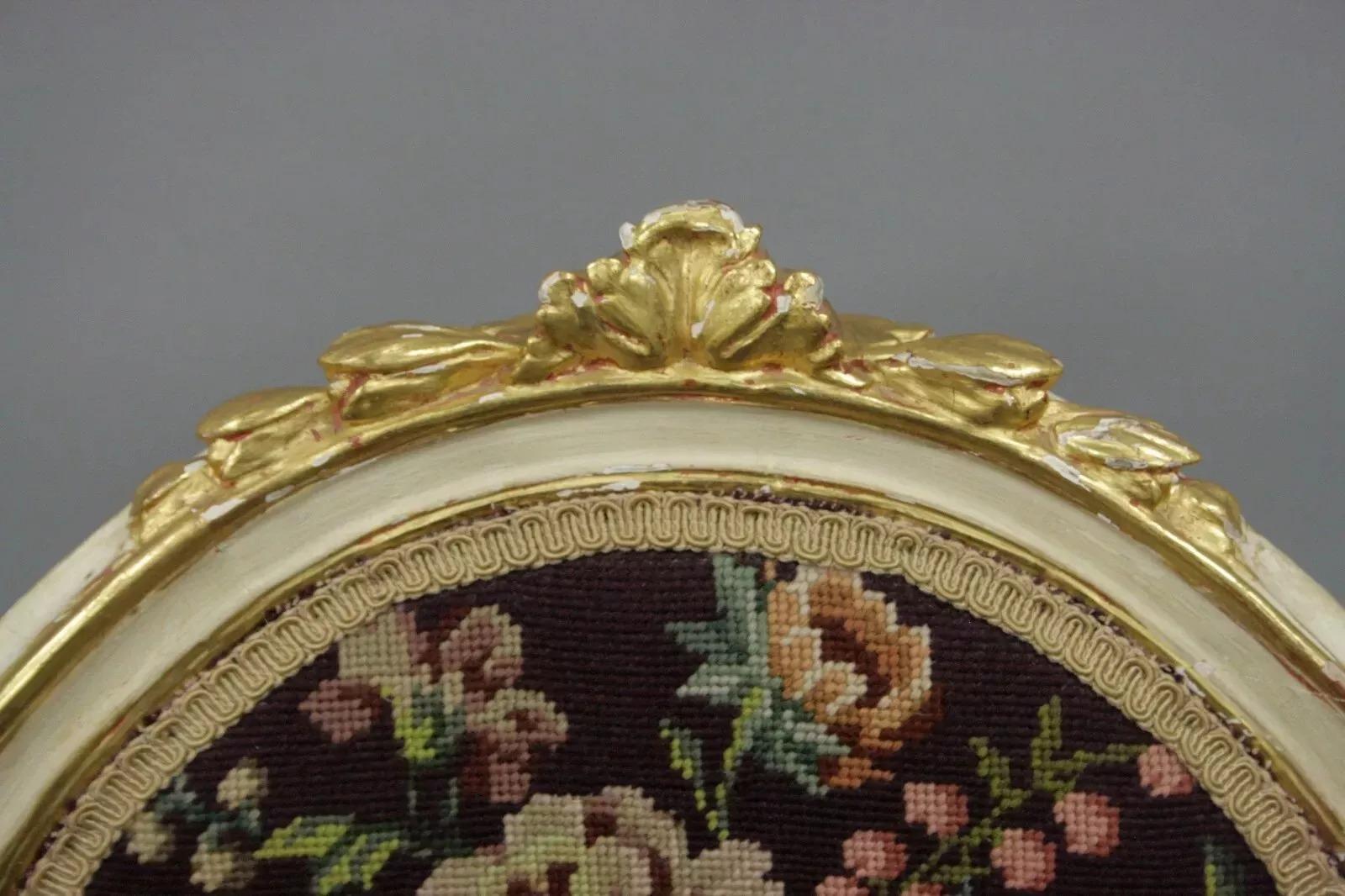 Antique French Louis XVI Style Carved Floral Needlepoint Accent Chair White Gold In Good Condition For Sale In Philadelphia, PA