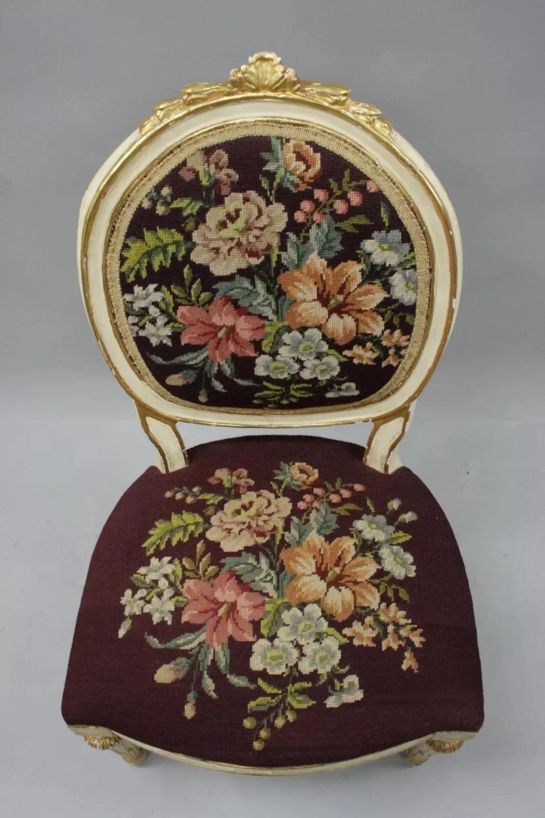 20th Century Antique French Louis XVI Style Carved Floral Needlepoint Accent Chair White Gold For Sale