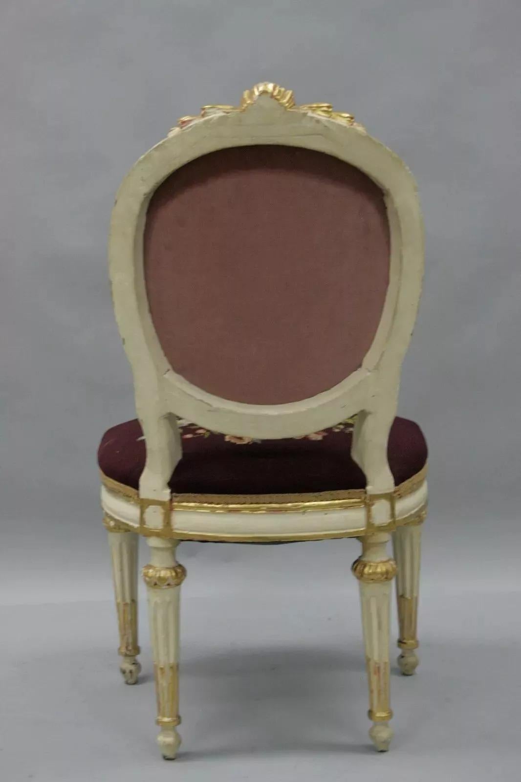 Antique French Louis XVI Style Carved Floral Needlepoint Accent Chair White Gold For Sale 2