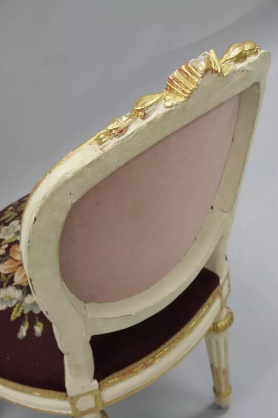 Antique French Louis XVI Style Carved Floral Needlepoint Accent Chair White Gold For Sale 3
