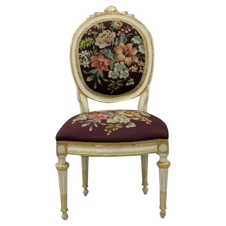 Antique French Louis XVI Style Carved Floral Needlepoint Accent Chair White Gold For Sale