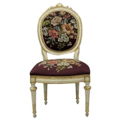 Antique French Louis XVI Style Carved Floral Needlepoint Accent Chair White Gold