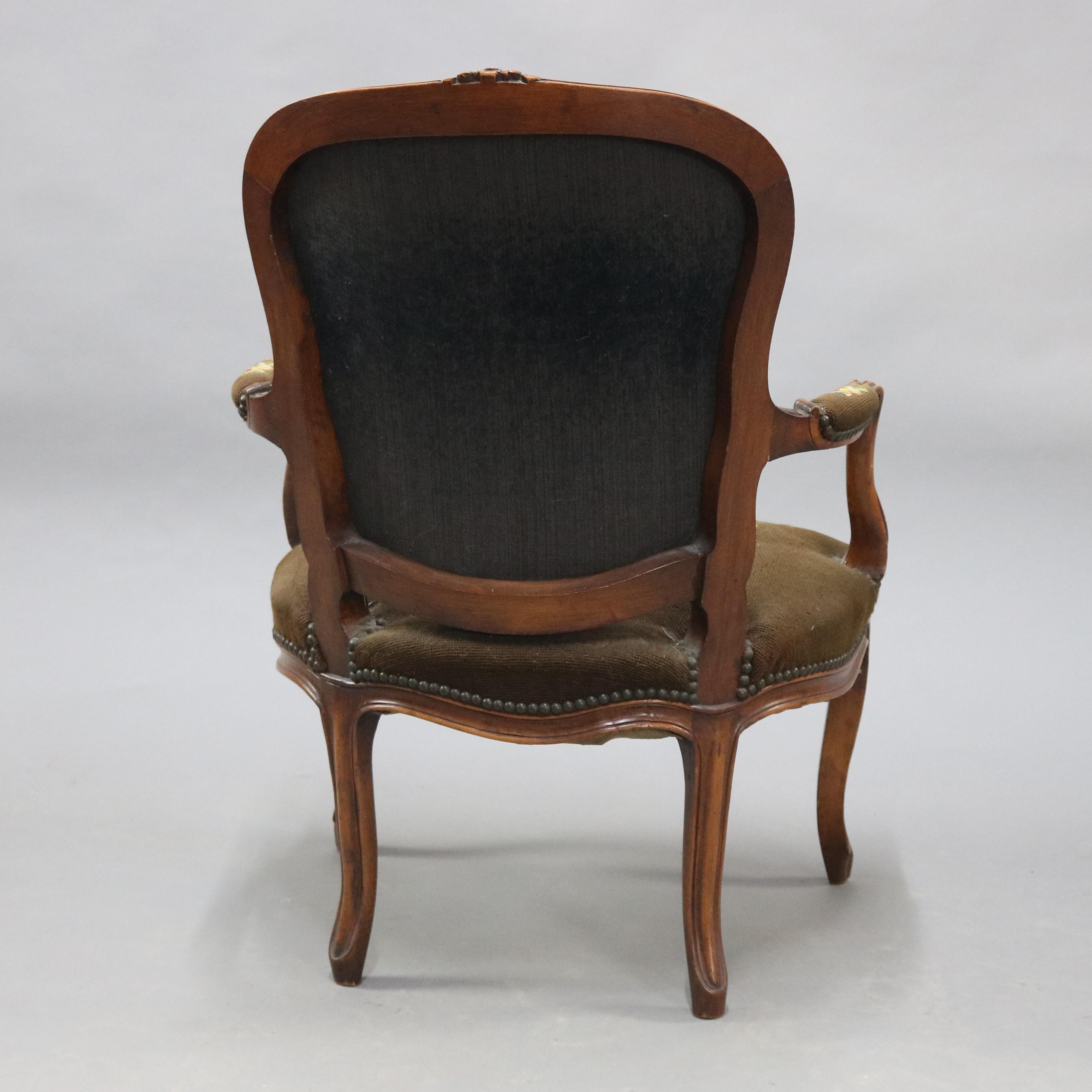 French Louis XVI Style Carved Fruitwood and Needlepoint Armchair, circa 1900 In Good Condition In Big Flats, NY