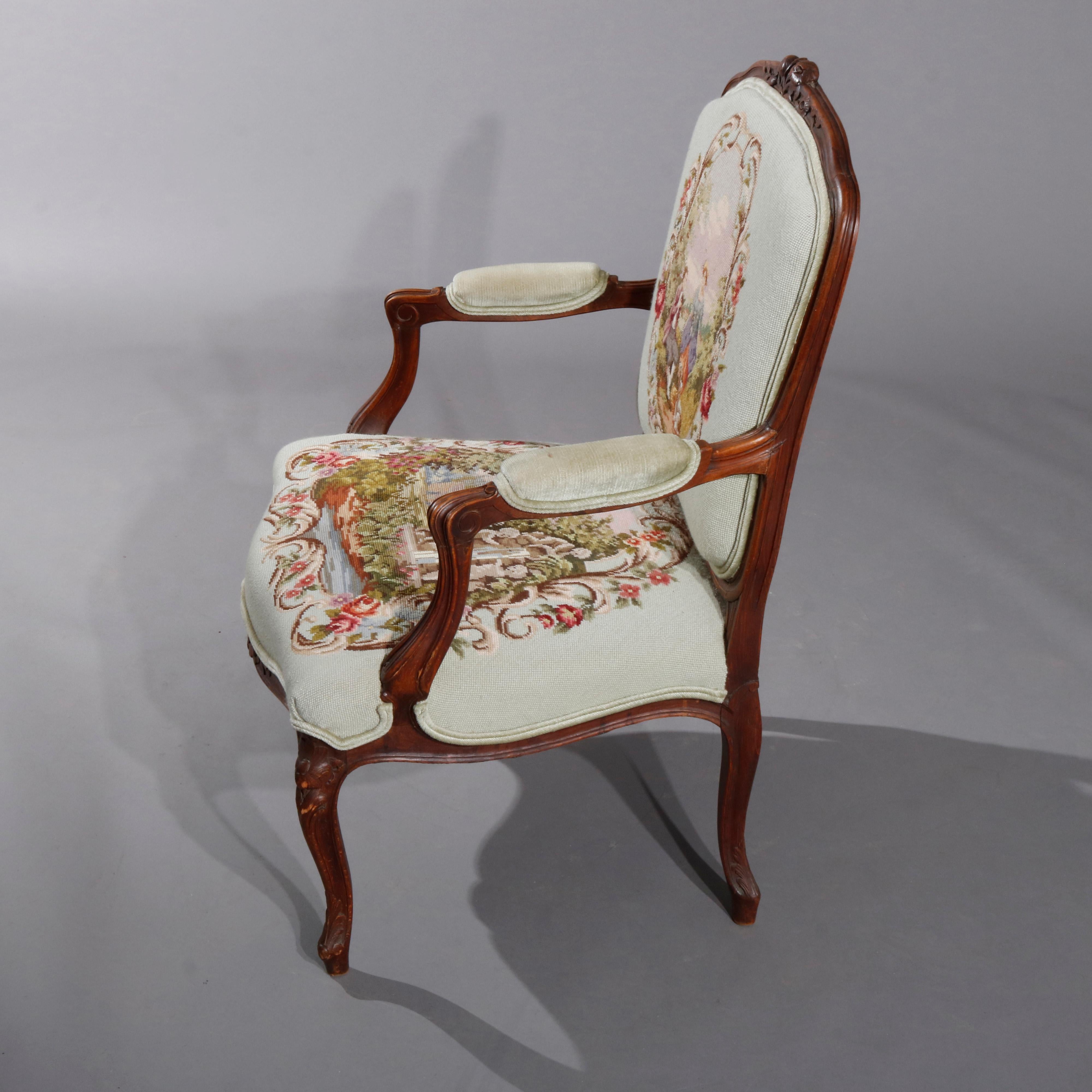 Antique French Louis XVI Style Carved Fruitwood & Needlepoint Armchair In Good Condition In Big Flats, NY