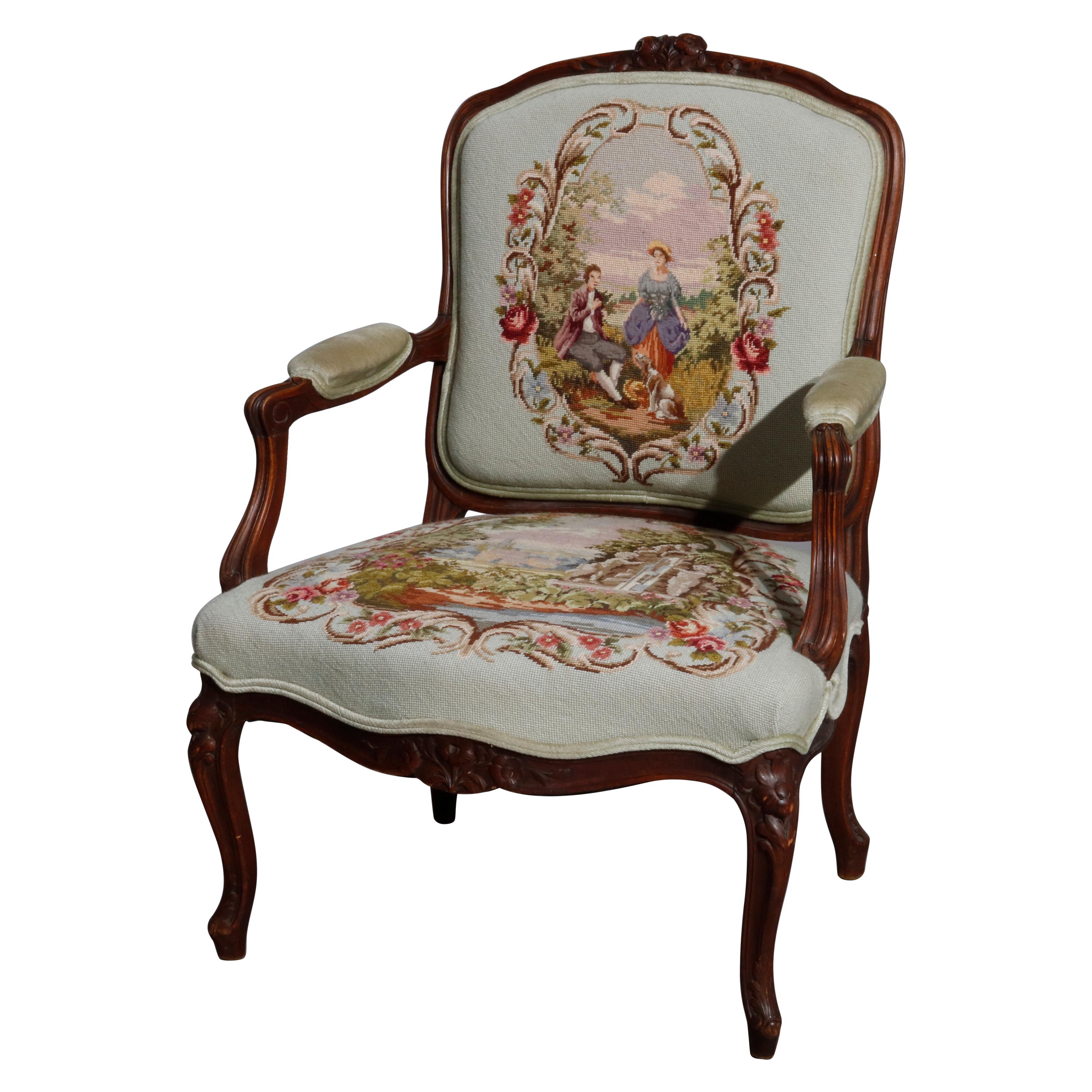 Antique French Louis XVI Style Carved Fruitwood & Needlepoint Armchair