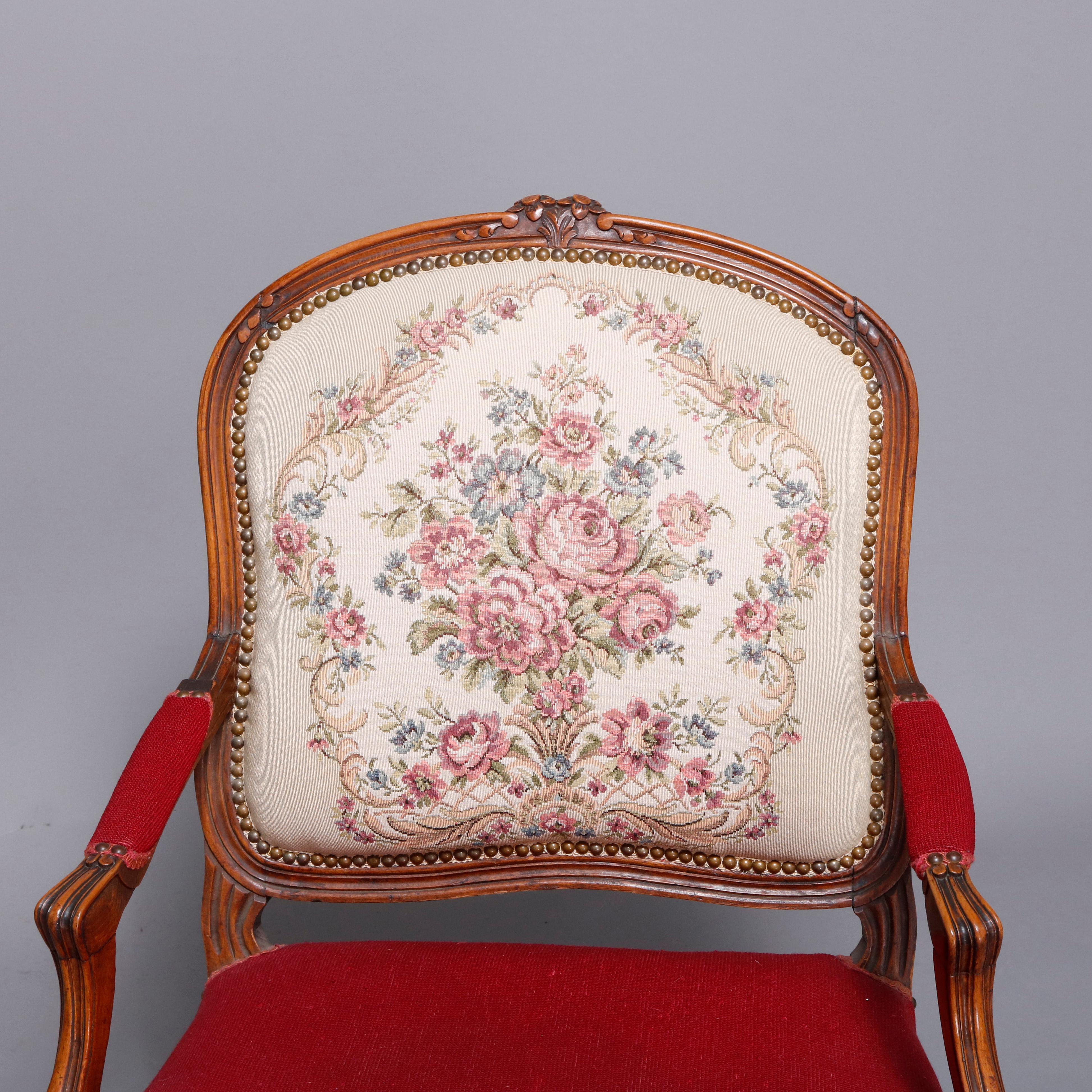 Antique French Louis XVI Style Carved Fruitwood & Tapestry Armchair 20th Century In Good Condition In Big Flats, NY
