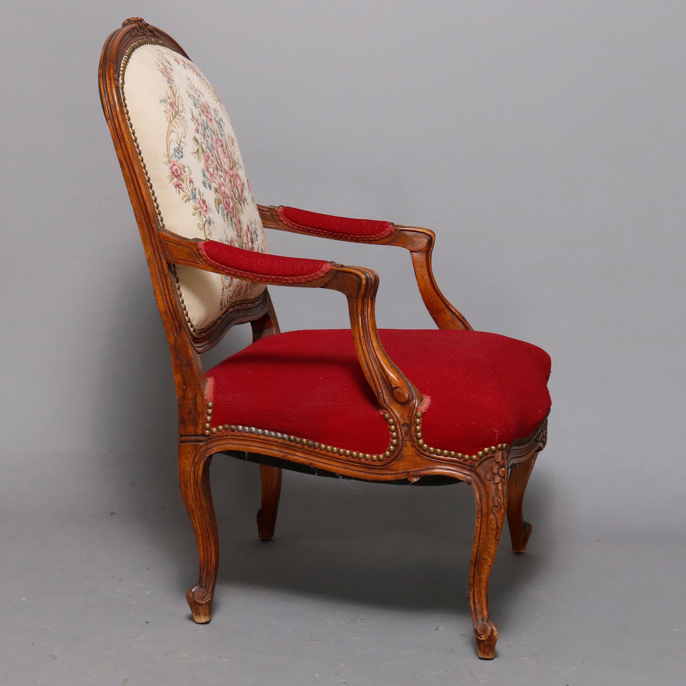 Antique French Louis XVI Style Carved Fruitwood & Tapestry Armchair 20th Century 2