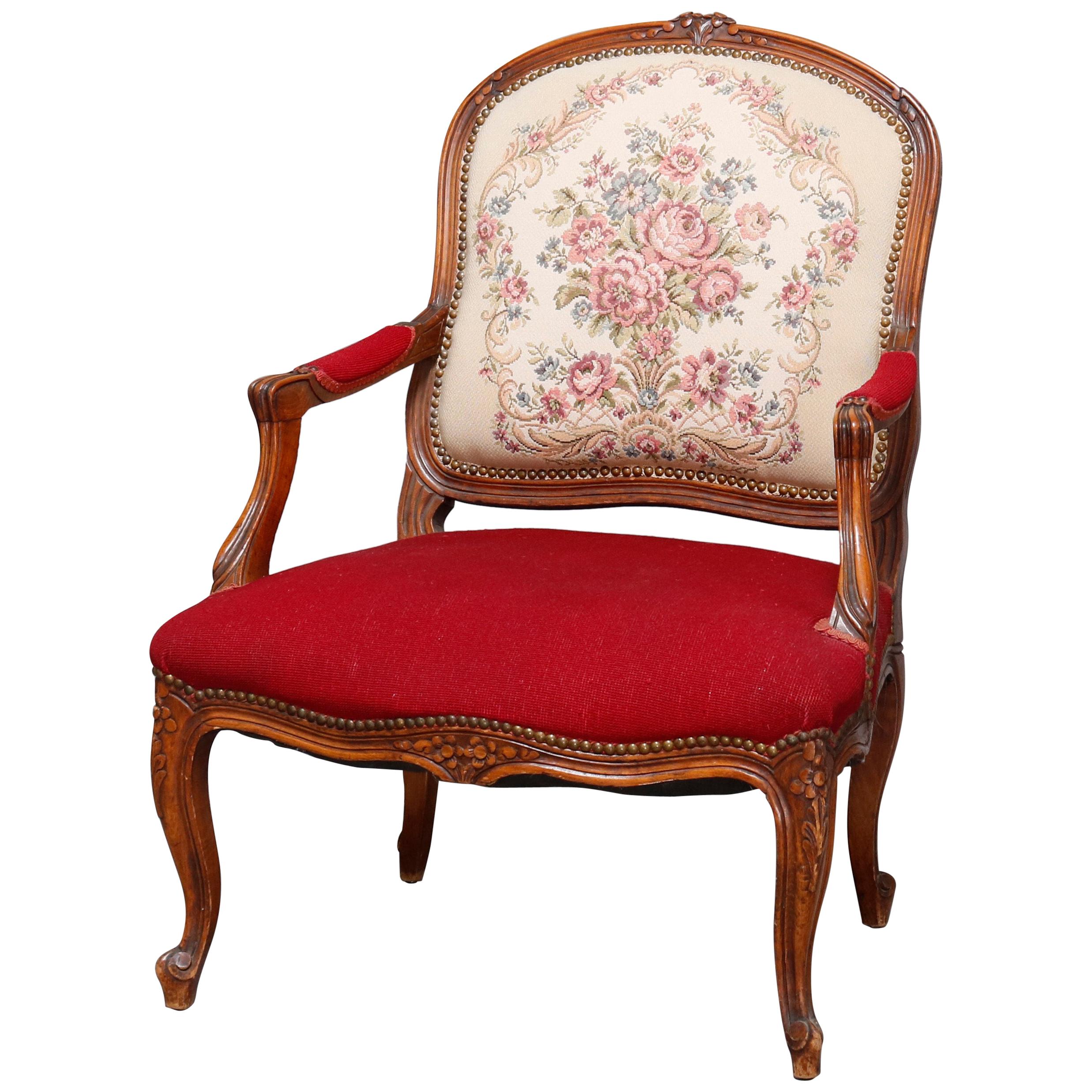 Antique French Louis XVI Style Carved Fruitwood & Tapestry Armchair 20th Century