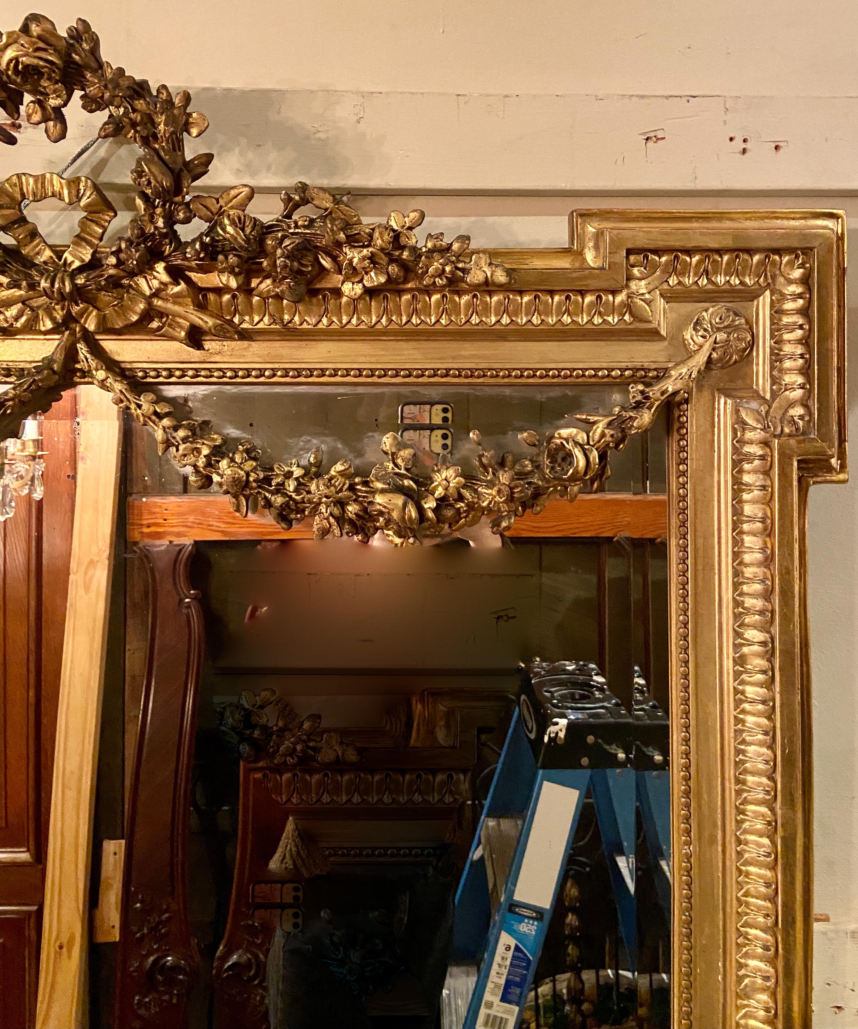 19th Century Antique French Louis XVI Style Carved Gilt Wood Mirror with Beveling, circa 1880