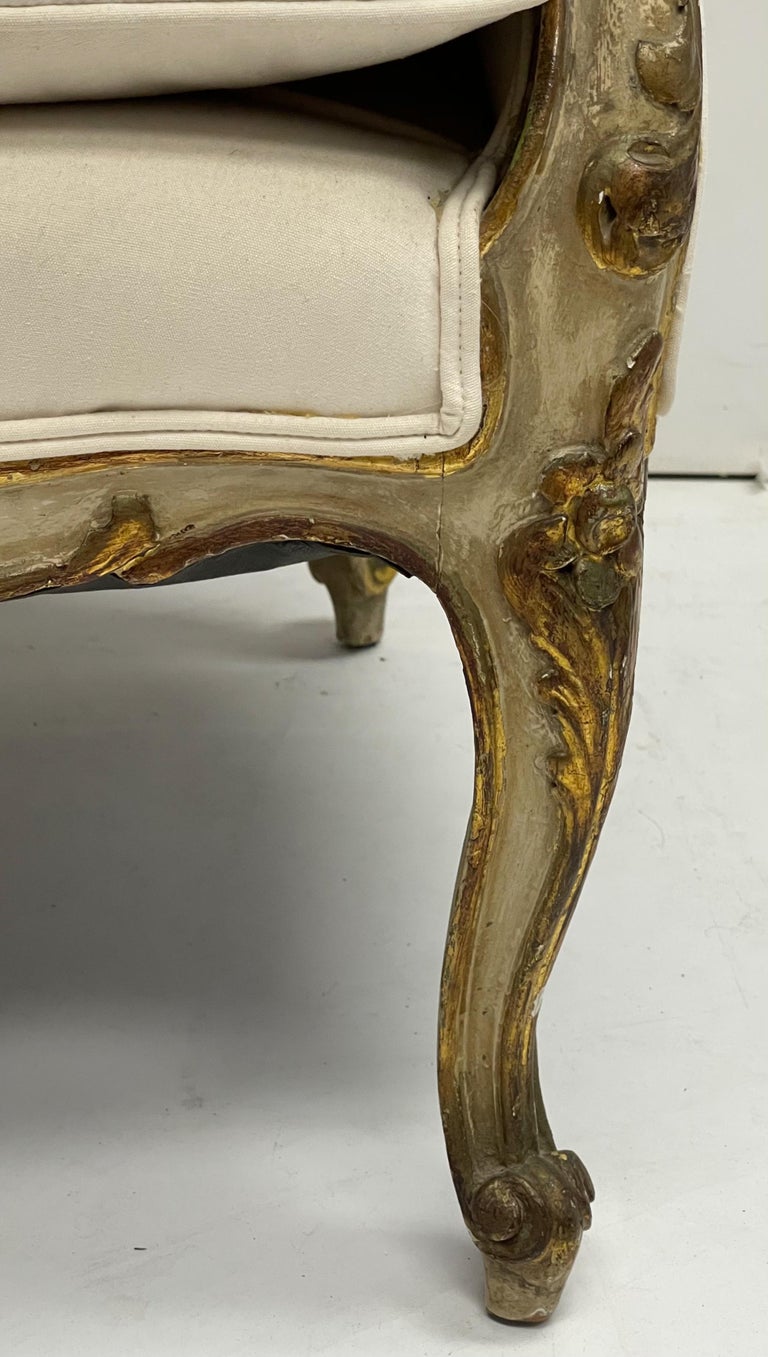 19th Century Antique French Louis XVI Style Carved Giltwood BergereChair For Sale