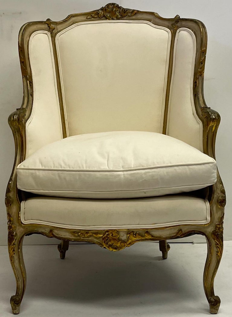 Upholstery Antique French Louis XVI Style Carved Giltwood BergereChair For Sale
