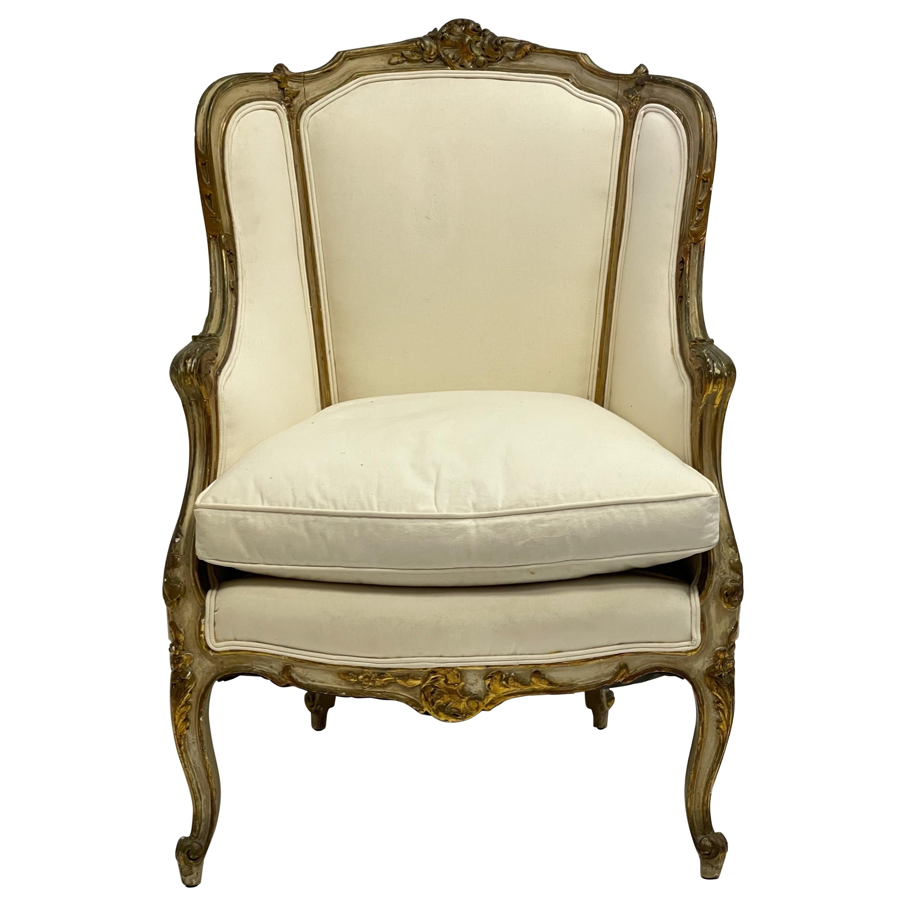 Antique French Louis XVI Style Carved Giltwood BergereChair
