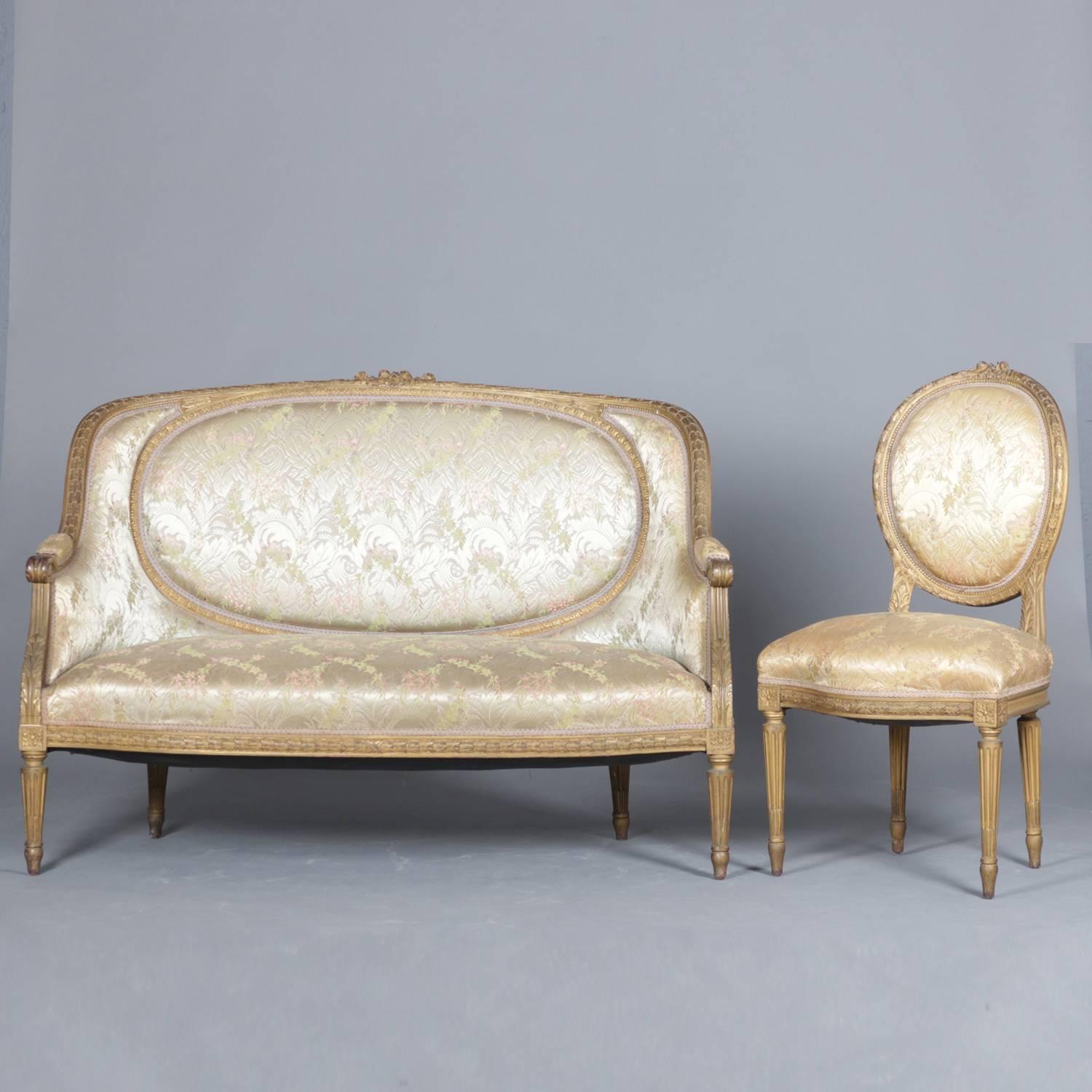 Louis XIV Antique French Louis XVI Style Carved Giltwood Upholstered Parlor Set