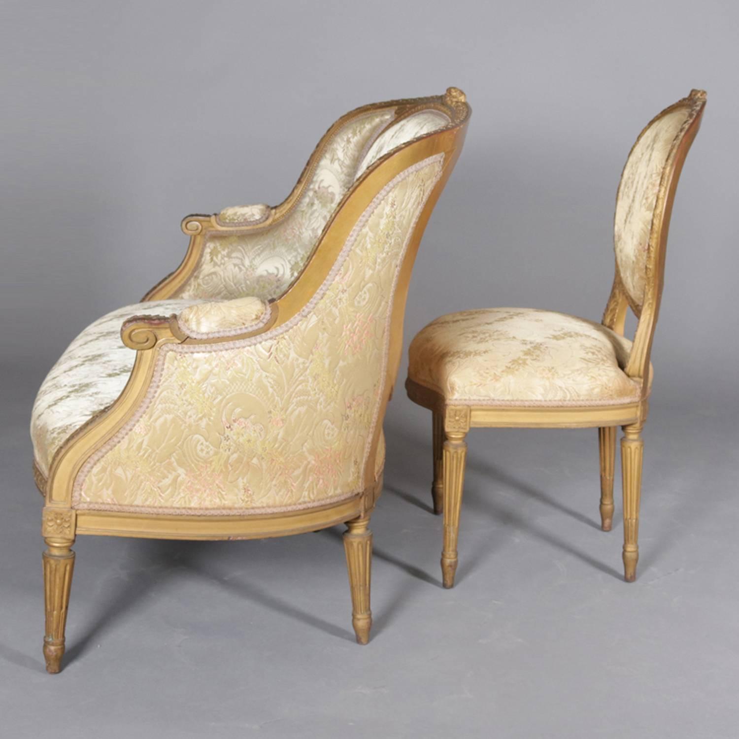 Antique French Louis XVI Style Carved Giltwood Upholstered Parlor Set In Good Condition In Big Flats, NY