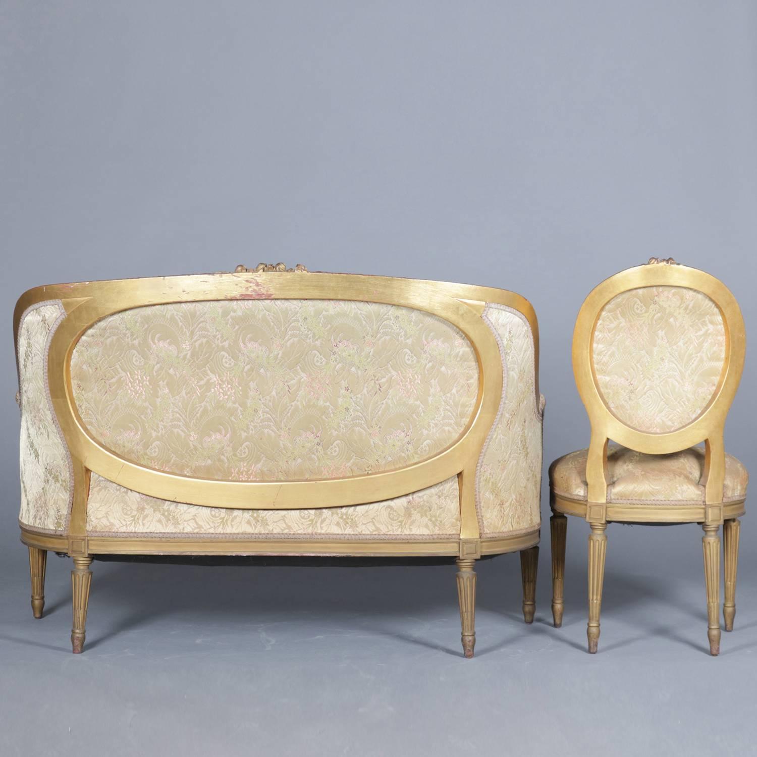 19th Century Antique French Louis XVI Style Carved Giltwood Upholstered Parlor Set