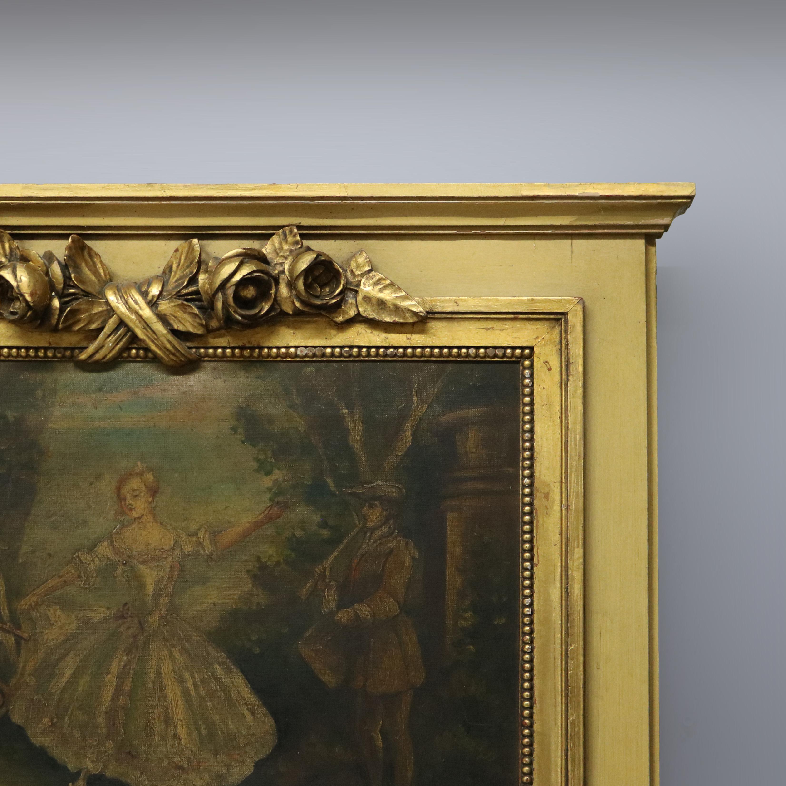 Miroir Trumeau français ancien de style Louis XVI sculpté avec peinture de genre, vers 1920 Bon état - En vente à Big Flats, NY