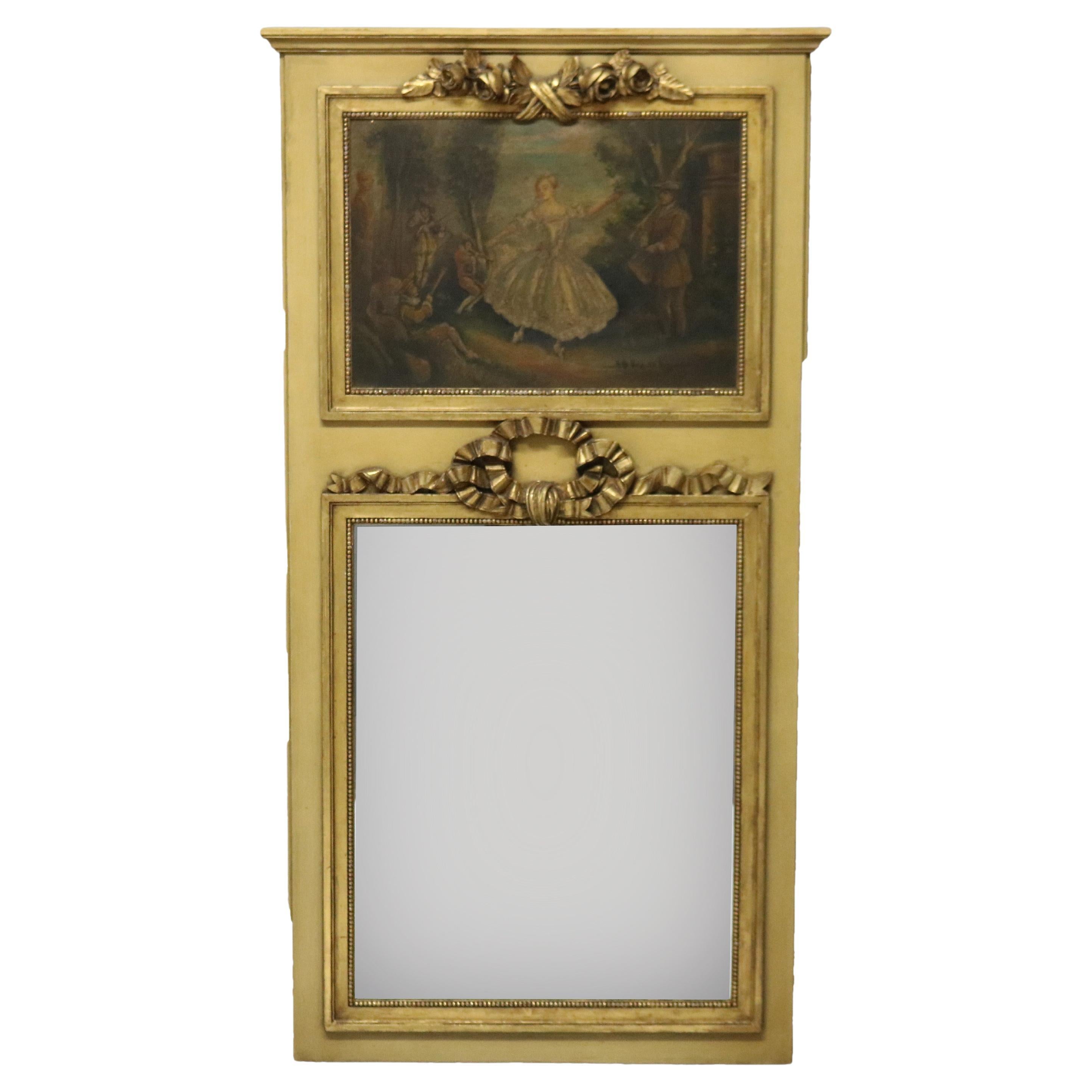 Antique French Louis XVI Style Carved Trumeau Mirror with Genre Painting, C1920 For Sale