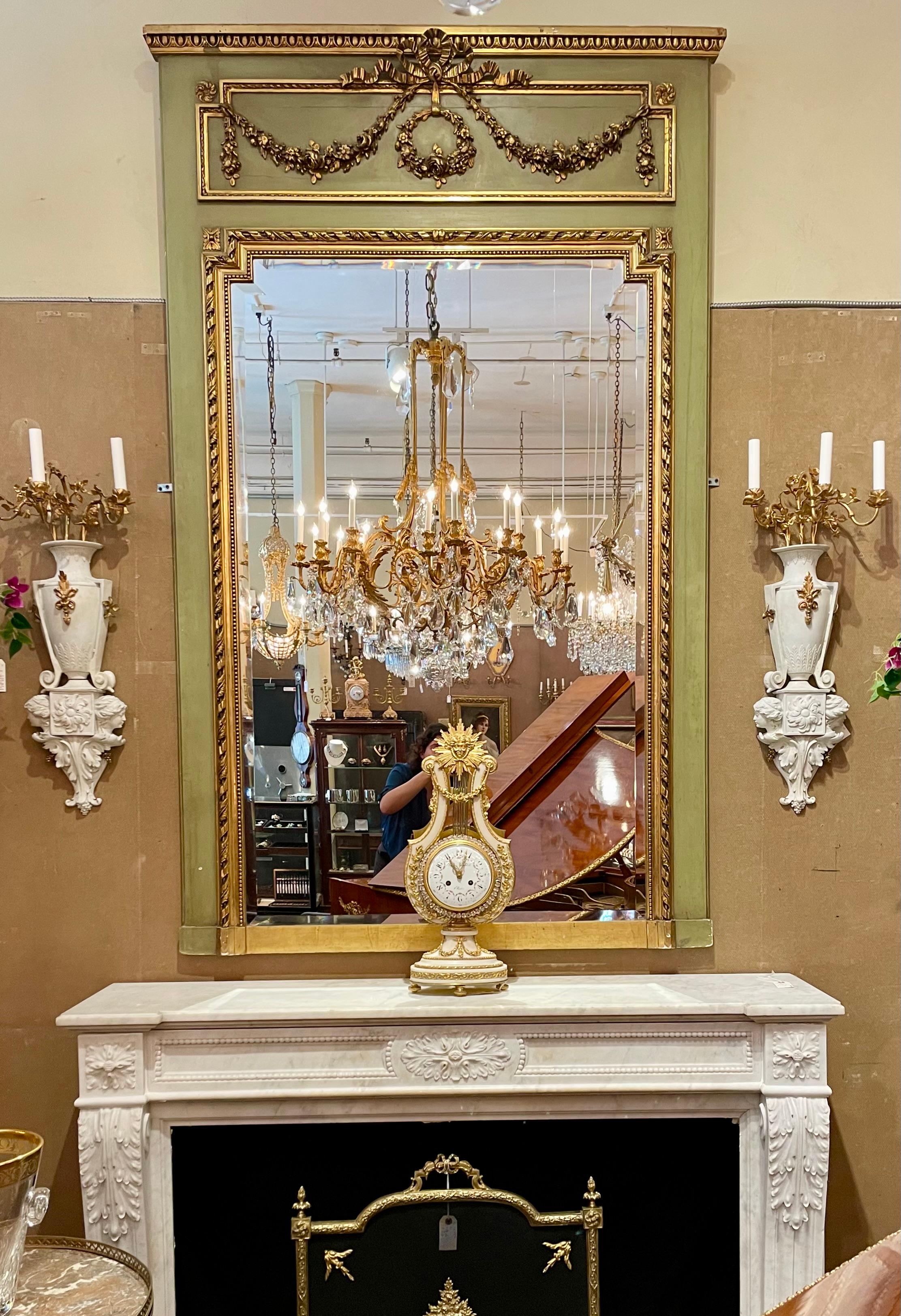 XIX secolo Antique French Style Louis XVI Carved Trumeau Mirror with Gold, Circa 1860-1880. in vendita