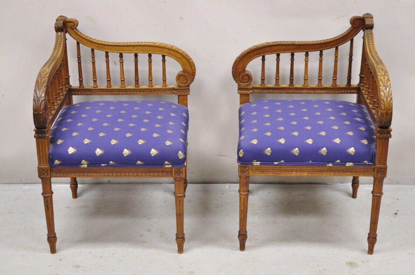 Unknown Antique French Louis XVI Style Carved Walnut Lyre Harp Corner Chairs - a Pair For Sale
