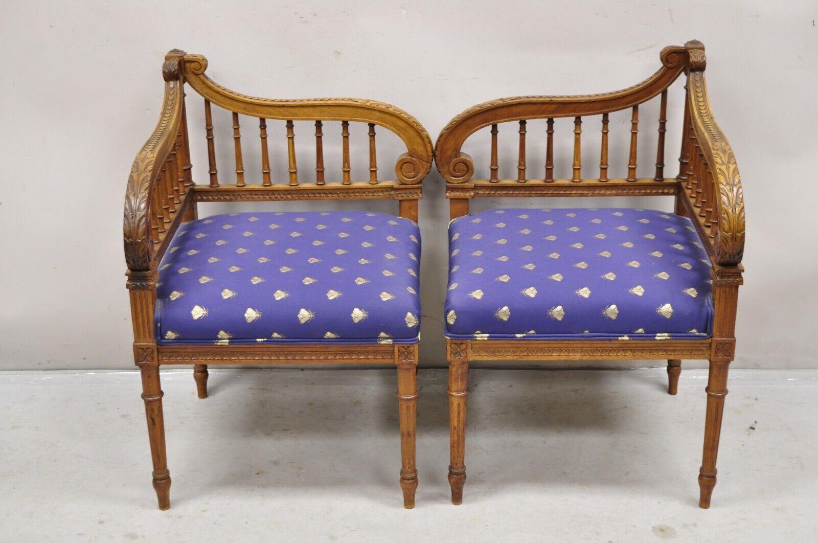 Antique French Louis XVI Style Carved Walnut Lyre Harp Corner Chairs - a Pair In Good Condition For Sale In Philadelphia, PA