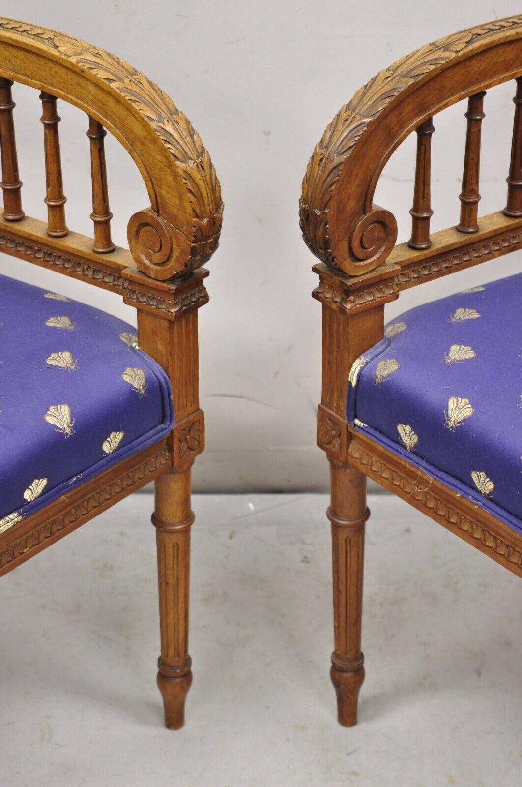 Antique French Louis XVI Style Carved Walnut Lyre Harp Corner Chairs - a Pair For Sale 4