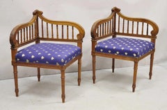 Antique French Louis XVI Style Carved Walnut Lyre Harp Corner Lounge Chair Pair