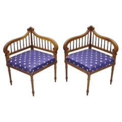 Antique French Louis XVI Style Carved Walnut Lyre Harp Corner Lounge Chair Pair
