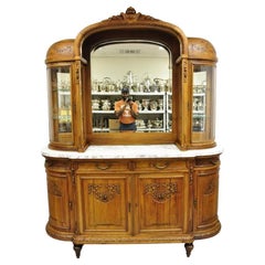Antique French Louis XVI Style Carved Walnut Marble Top Curio Sideboard Buffet