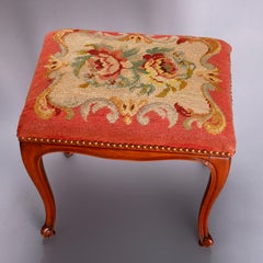 Antique French Louis XVI Style Carved Walnut & Needlepoint Foot Stool circa 1900