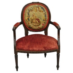 Antique French Louis XVI Style Carved Walnut Needlepoint Red Fauteuil Arm Chair