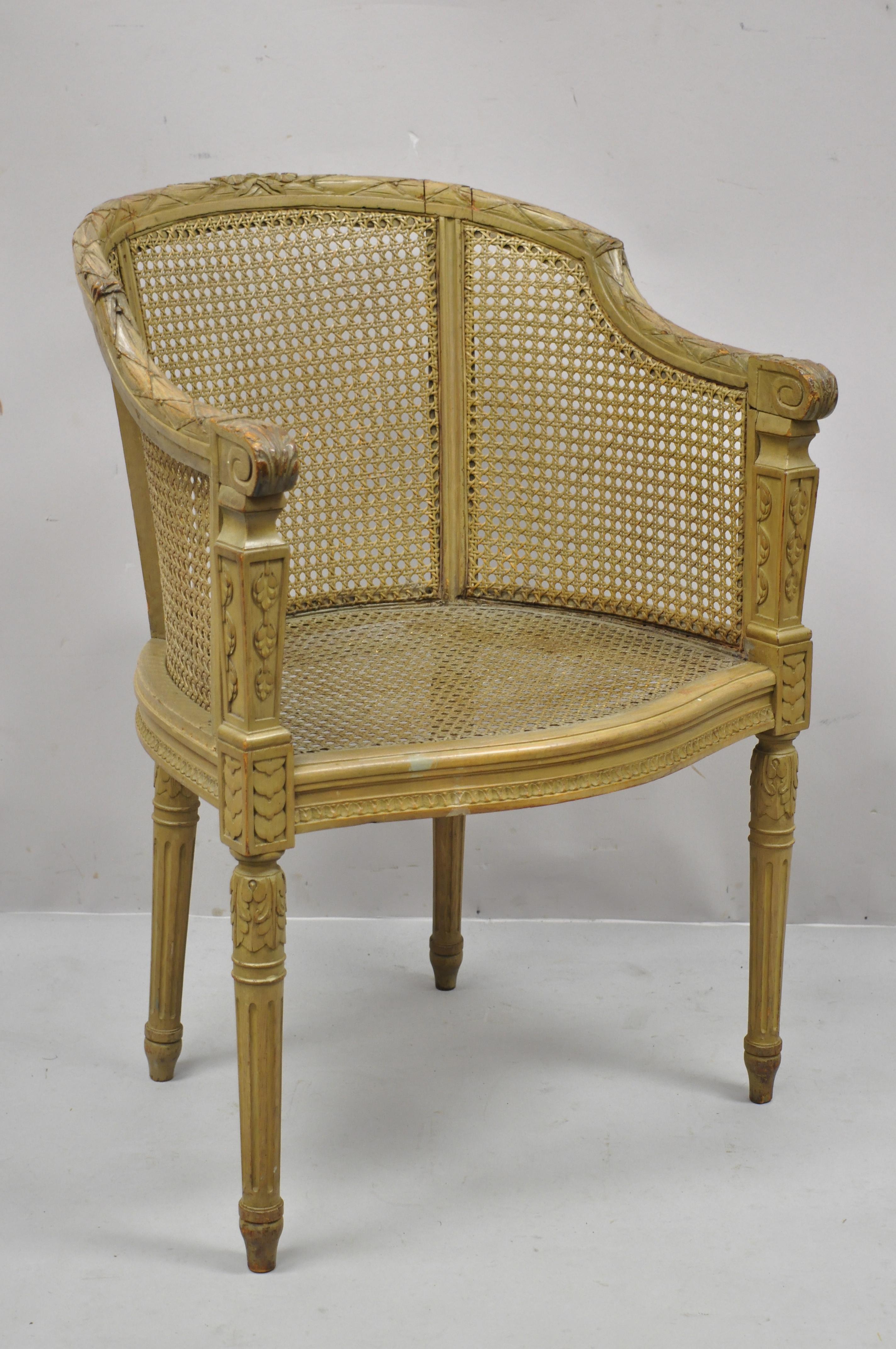 Antique French Louis XVI Style Carved Wood Cane Bergere Lounge Arm Chair 8