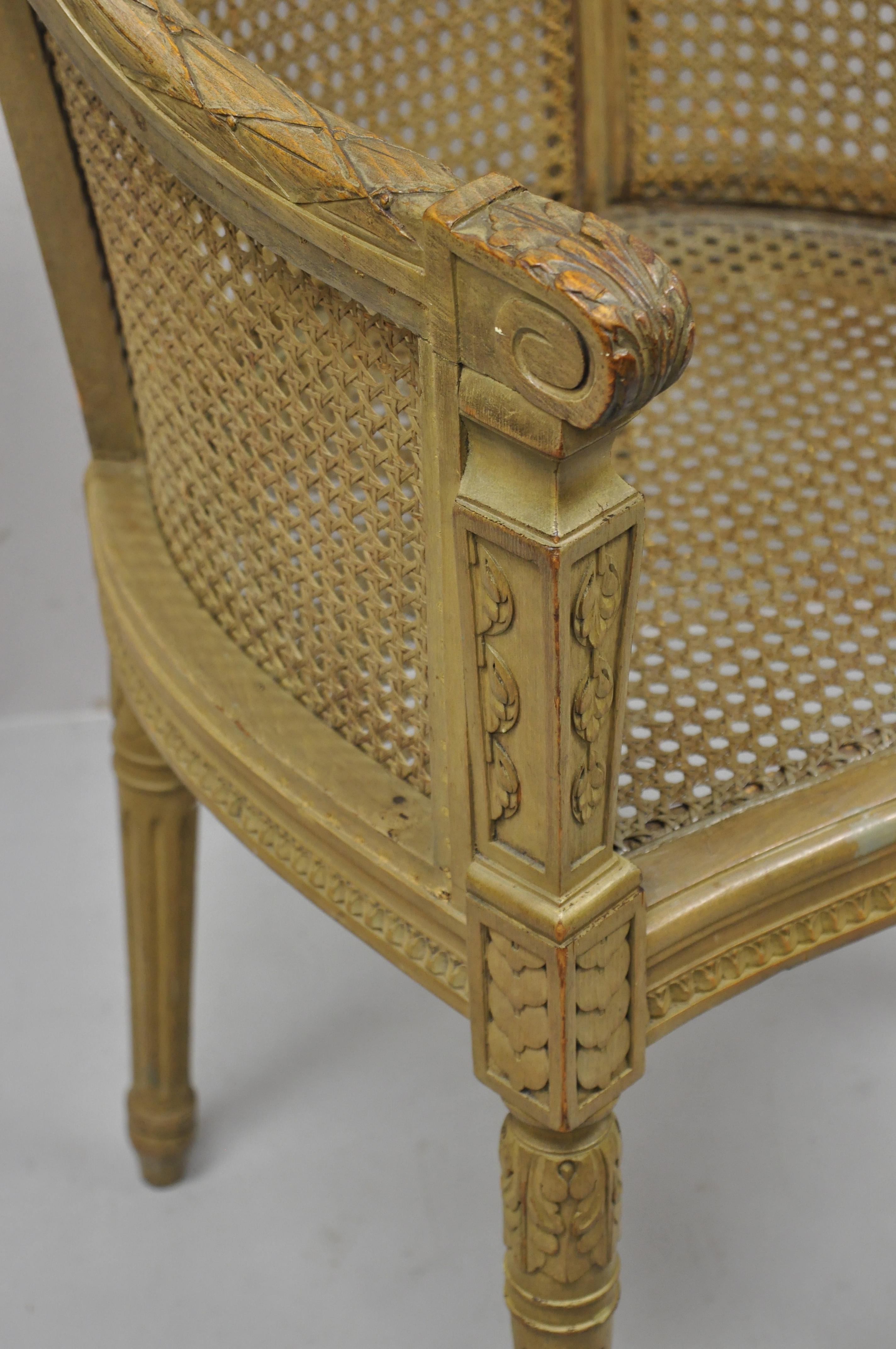 Antique French Louis XVI Style Carved Wood Cane Bergere Lounge Arm Chair 3