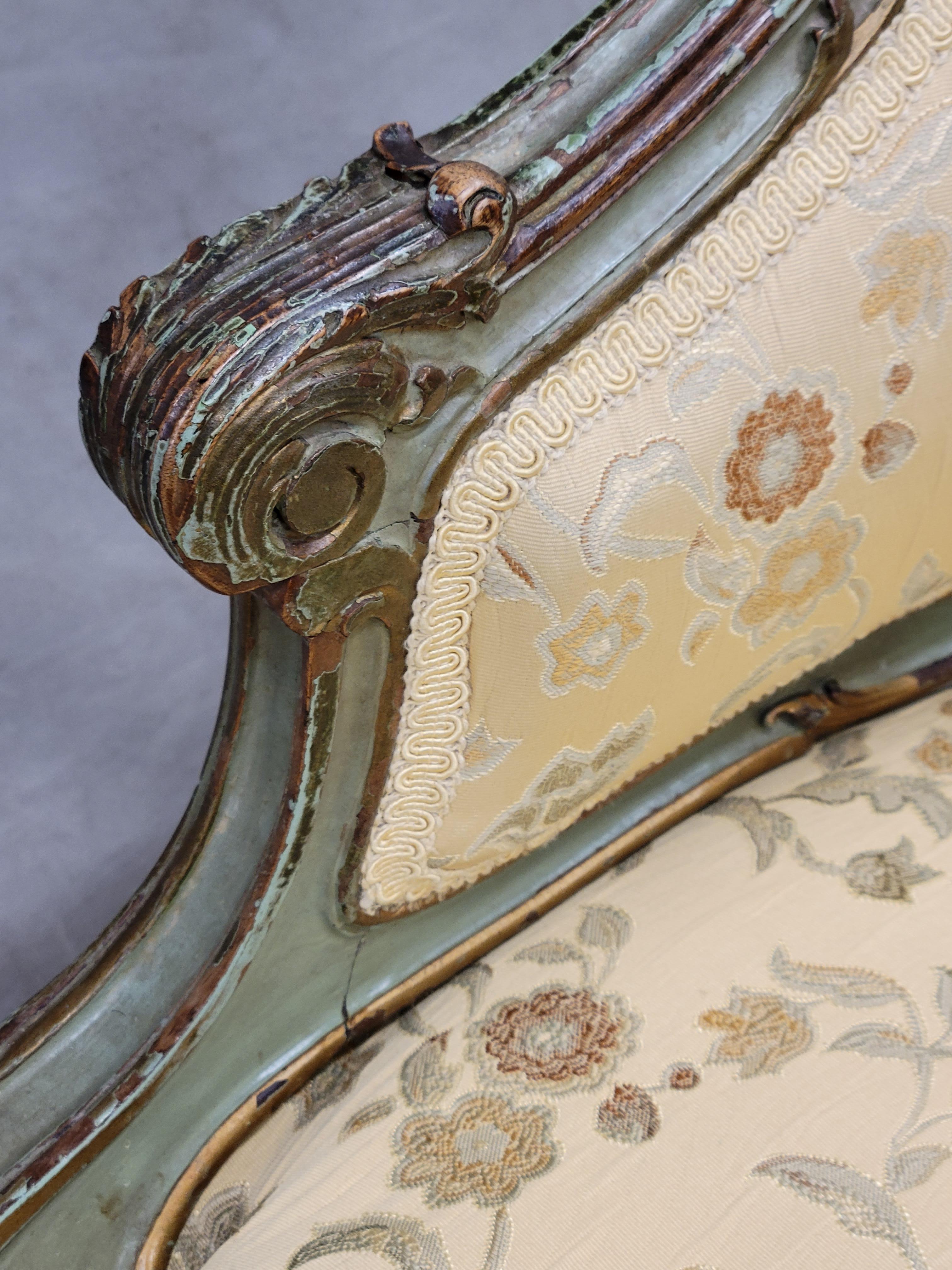 Hand-Carved Antique French Louis XV Style Chaise Lounge with Brocade Upholstery